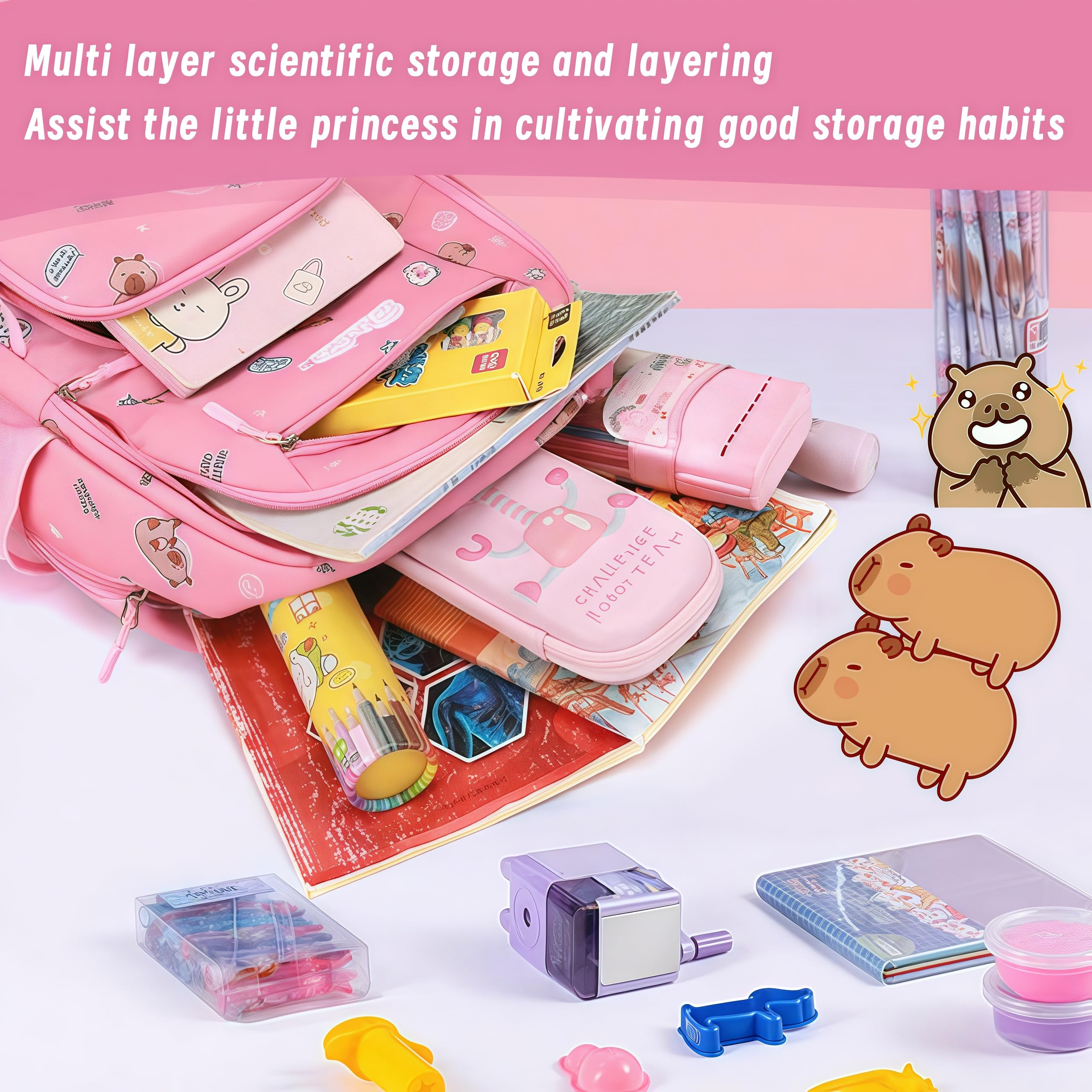 Zaino Scuola Bambina Rosa con Trousse Coordinata Stampa Capybara 3 Scomparti Grandi Tasche Interne Spallacci Regolabili Zaino Oxford Impermeabile per Scuola Elementare Asilo Bambine (Rosa)
