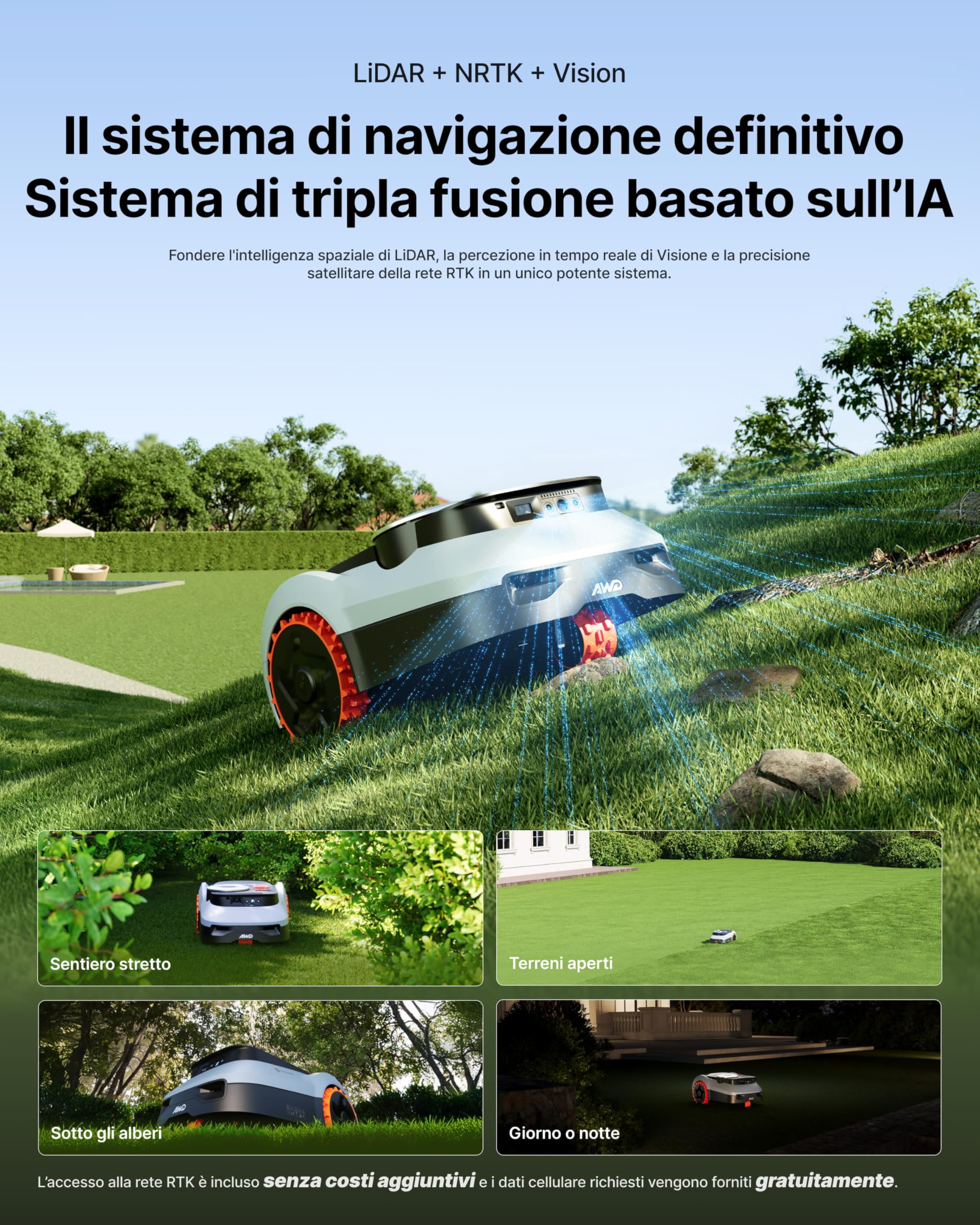 Segway Navimow i210 LiDAR Pro Robot Tagliaerba con Garage M, LiDAR + Visione + Navigazione rete RTK, Xero-Turn AWD, Mappatura automatica, Trazione Integrale per Pendii del 55% (Spedito separatamente)