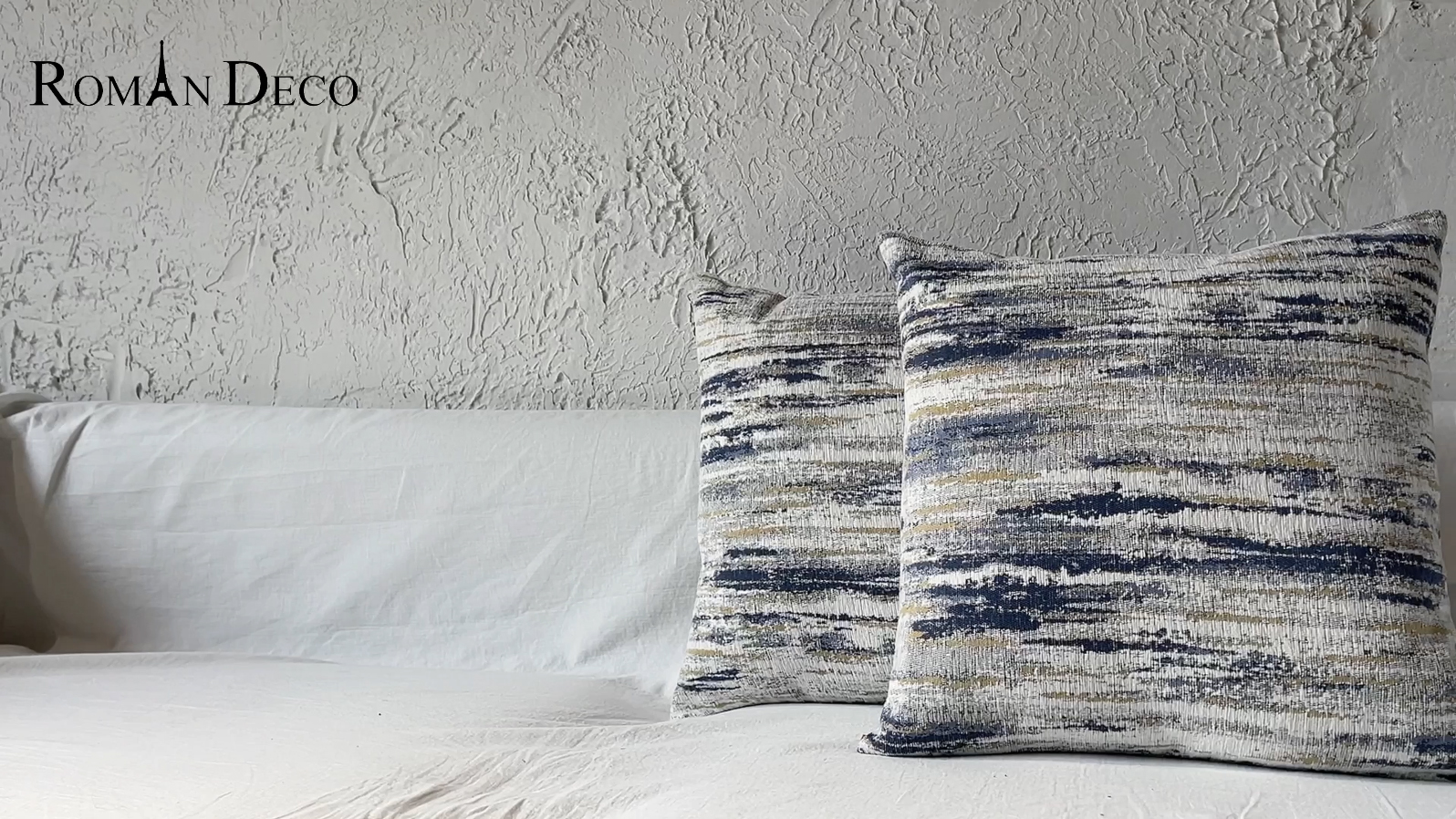 AGOKABA Chenille & Jacquard Pillow Covers Set Of 2 – Coastal Stripe Design In Beige & Teal, 18x18 Inch
