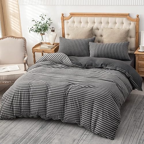 Miniatura 5 de PURE ERA - Juego de fundas de edredón de punto 100% de algodón, súper suaves, cómodas, diseño clásico a rayas con cierre de cremallera, tamaño Queen