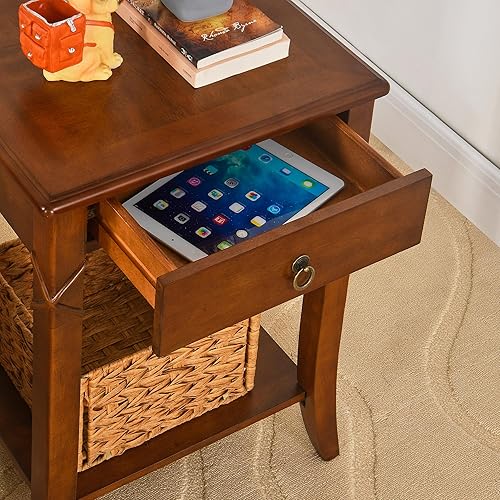 Miniatura 7 de 27.6" High End Table with Drawer and Storage Shelf, Solid Wood Side Table, Traditional Sofa BesideTables, Narrow Telephone Tables for Living Nogal