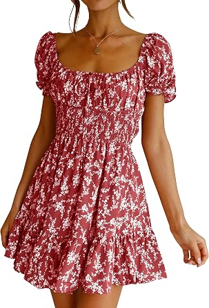 Imily Bela Womens Summer Puff Short Sleeve Square Neck Floral Mini Dress