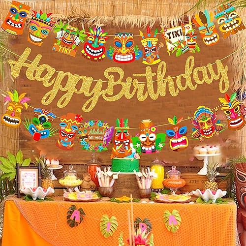 Miniatura 8 de Hawai Luau - Pancarta hawaiana de Tiki para fiesta de cumpleaños, 3 unidades, decoración de fiesta de Aloha para colgar, guirnaldas de Tiki para