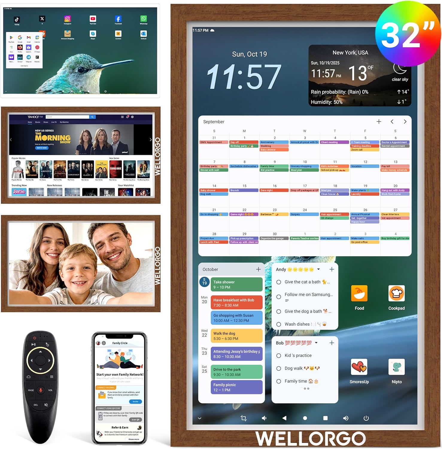 Smart Digital Calendar, 32” Wall Planner Touch Screen with Kids' Chores Chart/Meal Plan/Streaming Services/Photo Display, Electronic Calendar with Google Play & Calendar Sync, Remote Control Supported