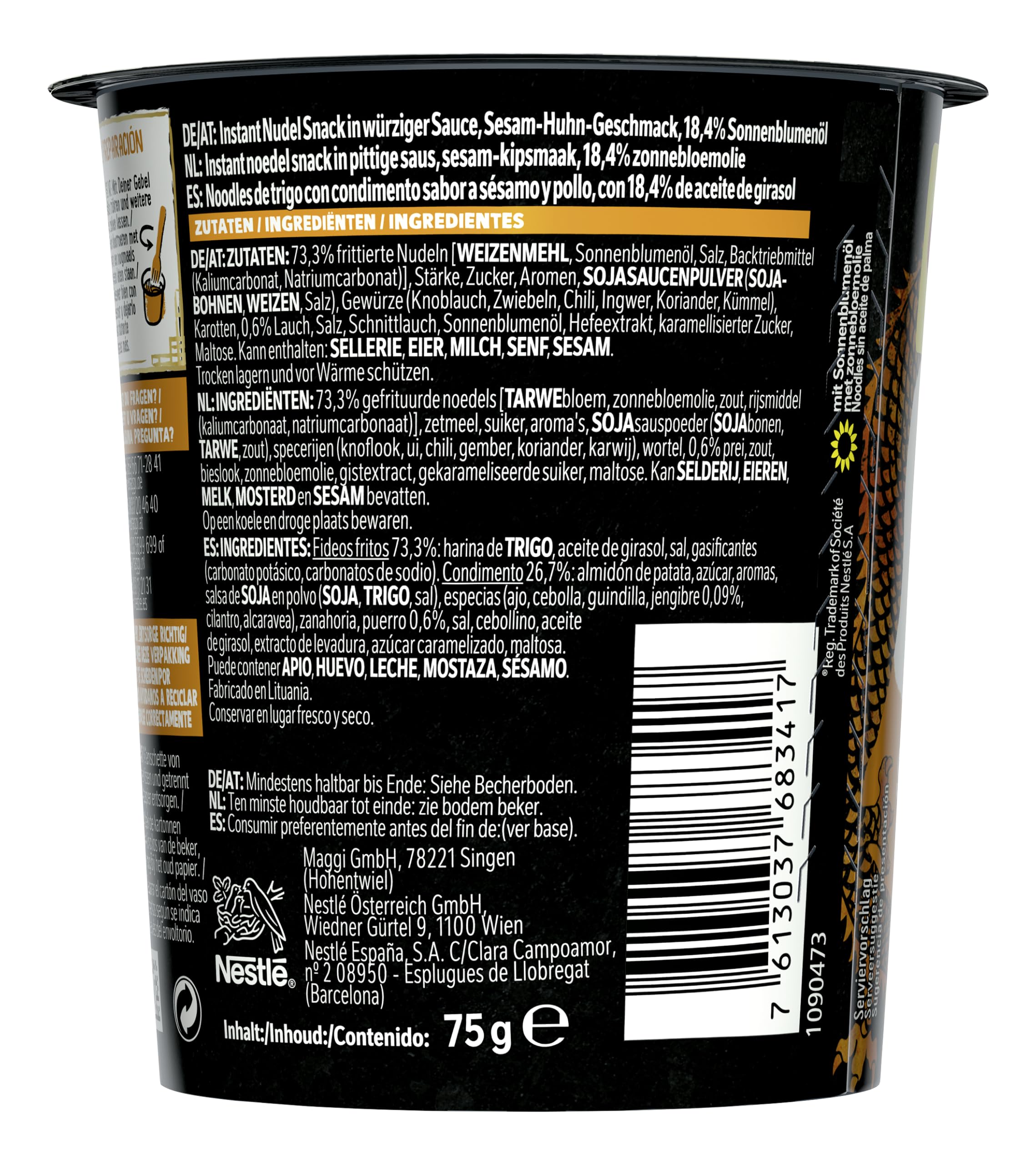 MAGGI Saucy Noodles Fideos instantáneos sabor Pollo y Sésamo - Vaso 8x75 g