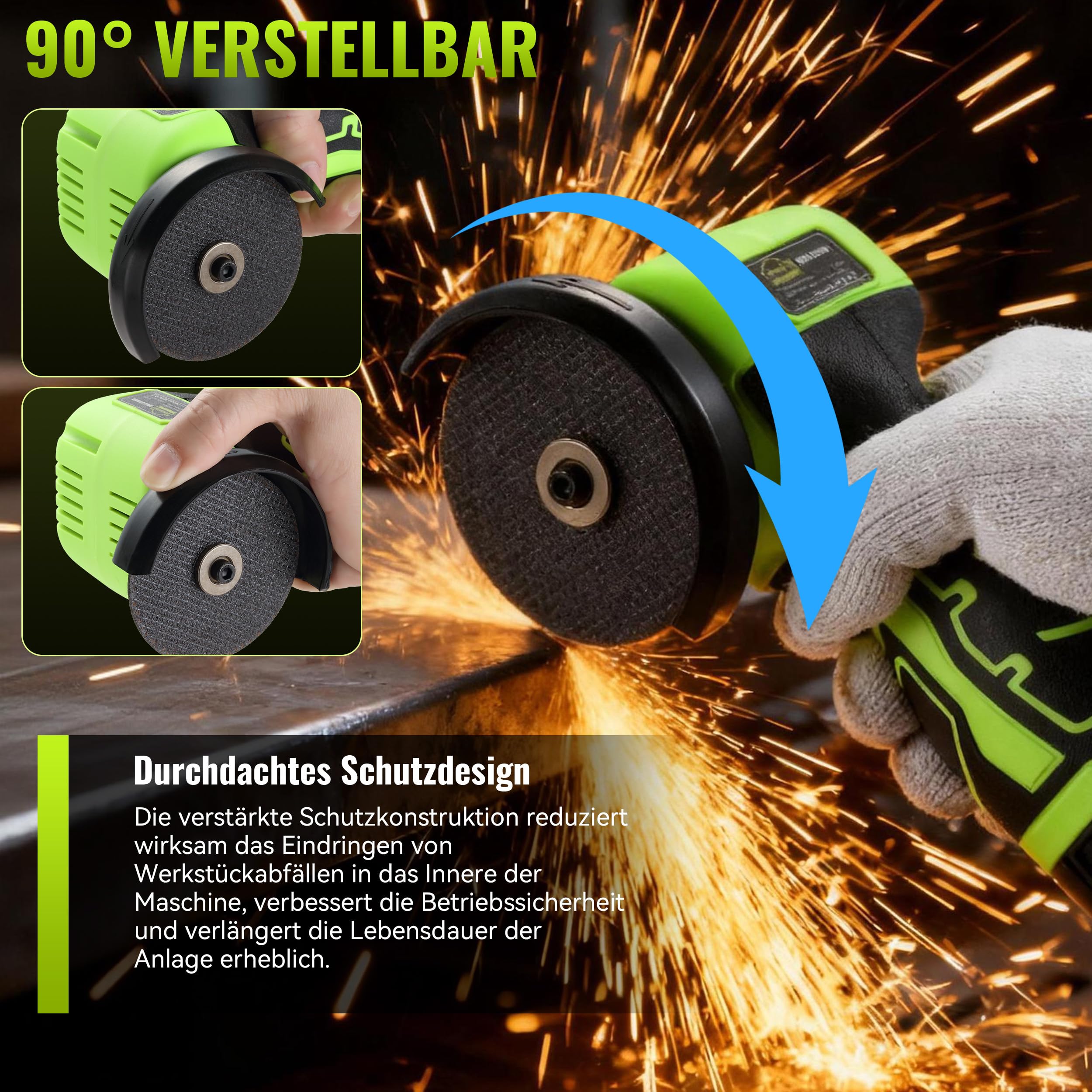 DEWINNER Akku-Winkelschleifer 19 500 U/min - 76mm Schleifscheibe, 2 Akkus 2000mAh, 6 Schneidscheiben und Tragetasche - Für Schleifen, Polieren, Schneiden
