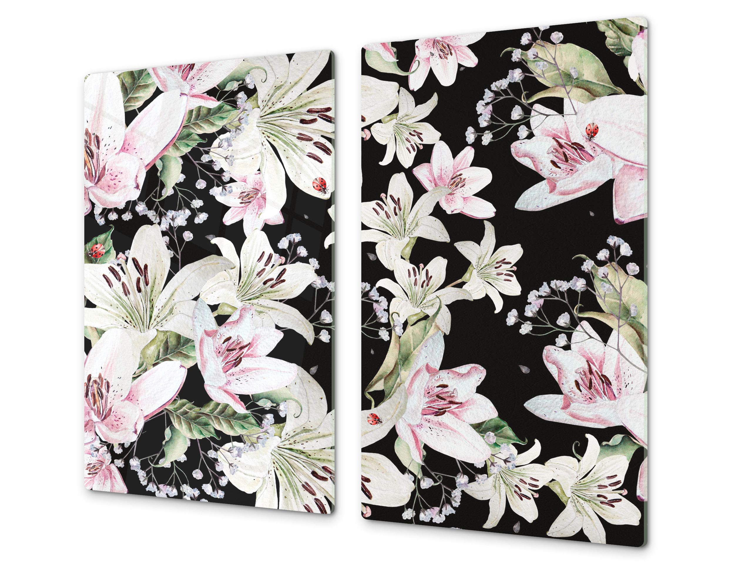 Planche de cuisine en VERRE trempé – Planche à découper en verre – Couvre-plaques de cuisson – UNE PIÈCE (60x52 cm) ou DEUX PIÈCES (30x52 cm chacune) ;D06 Série Fleurs