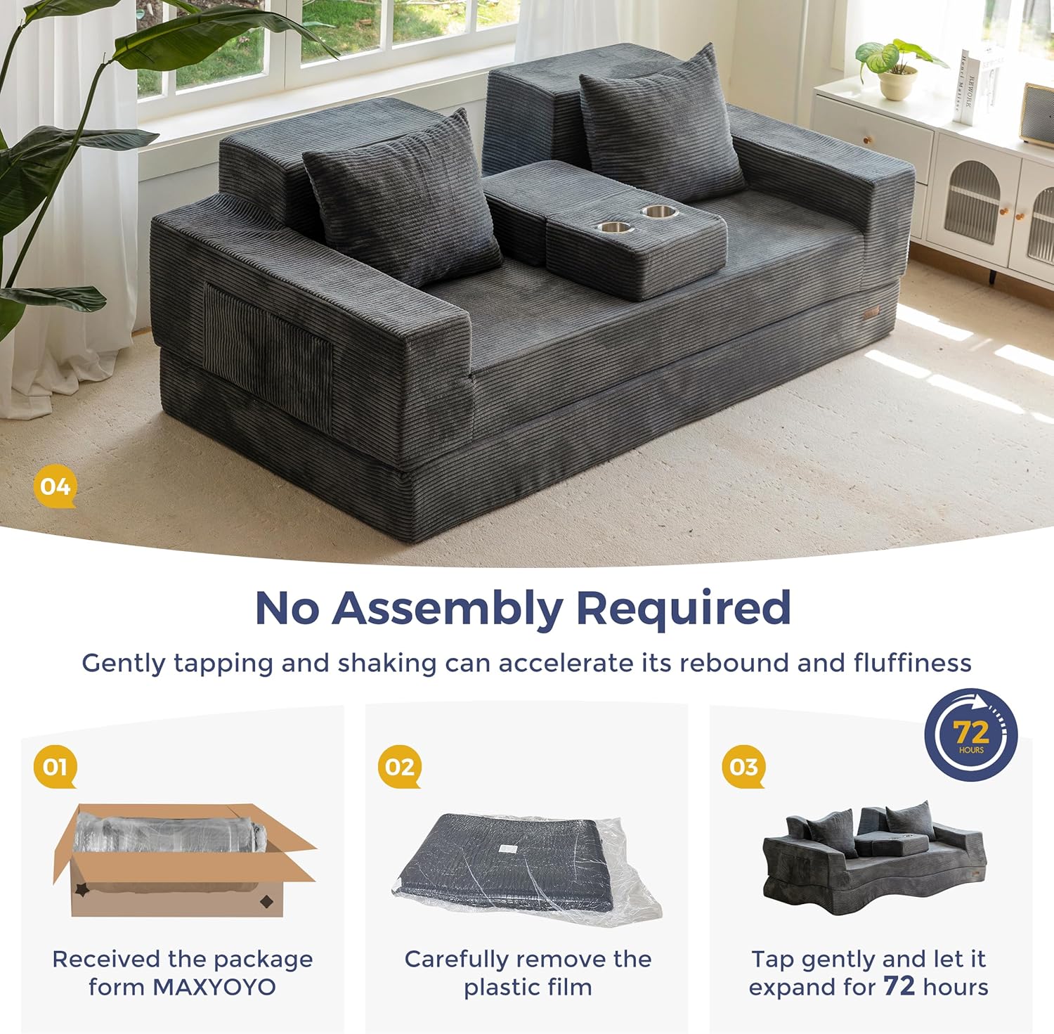 MAXYOYO Convertible Sofa Bed, 80" Oversized Boneless Loveseat Couch 4 in 1 Foldable Floor Sofa Couch in A Box with 2 Cup Holders, Folding Sleeper Chair for Living Room, Charcoal Grey