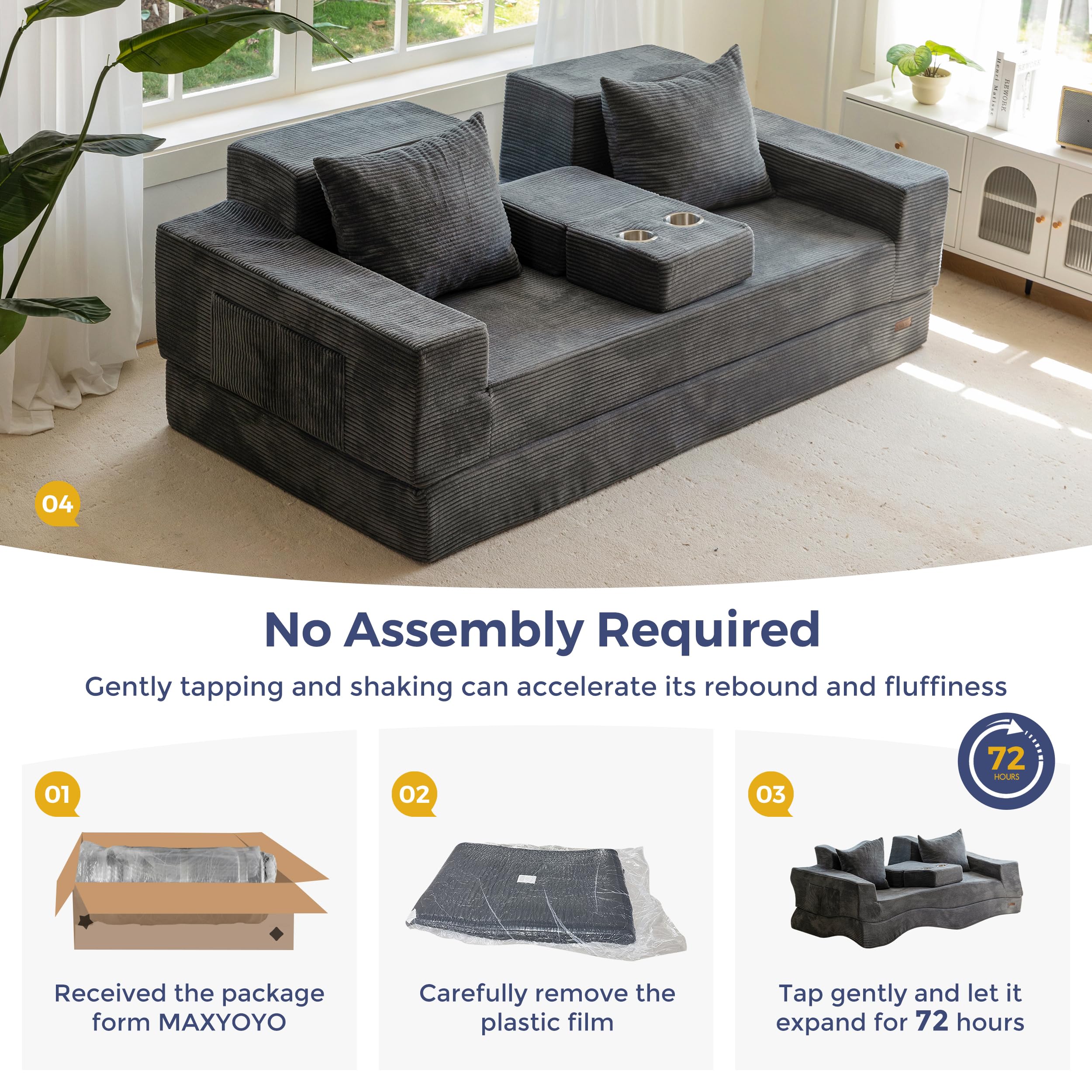 MAXYOYO Klappbares Schlafsofa, Cord-Bodensofa mit Getränkehalter | Ausziehbares Schlafsofa mit Getränkehalter und Kissen, bequemes Kompressionssofa für Wohnzimmer, Schlafzimmer, Gästezimmer