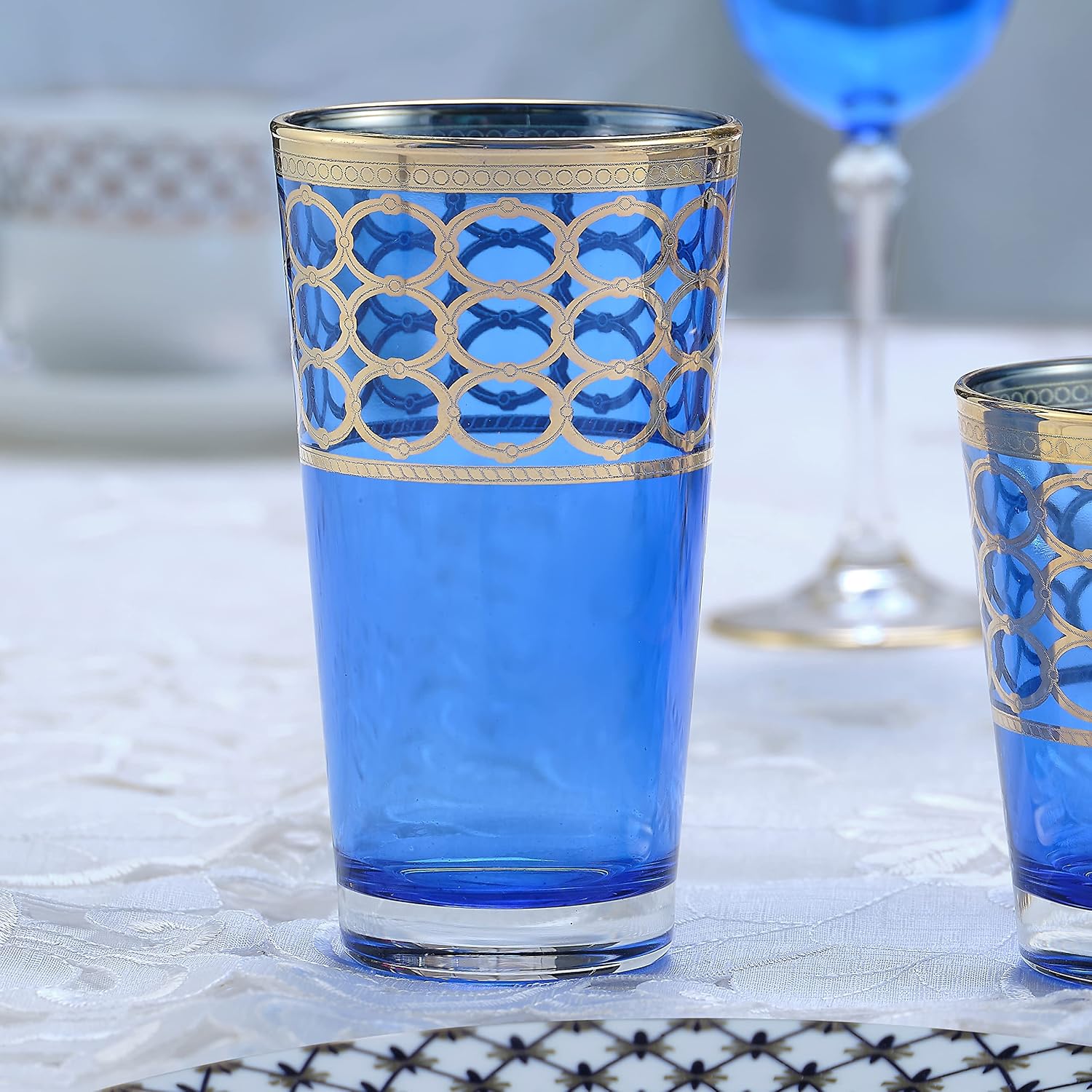 Lorren Home Trends Cobalt Blue High Ball with Gold Rings, Set of 4