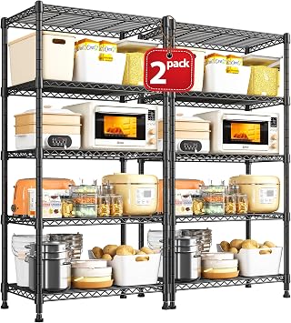 REIBII 1000LBS Wire Shelving Unit, 5 Tier Adjustable & Dividable Metal Storage Shelves for Closet Pantry Office, Suitable for Narrow Spaces, Several Together for Large Space, 60 "H X 21.5 "W, 2 Pack