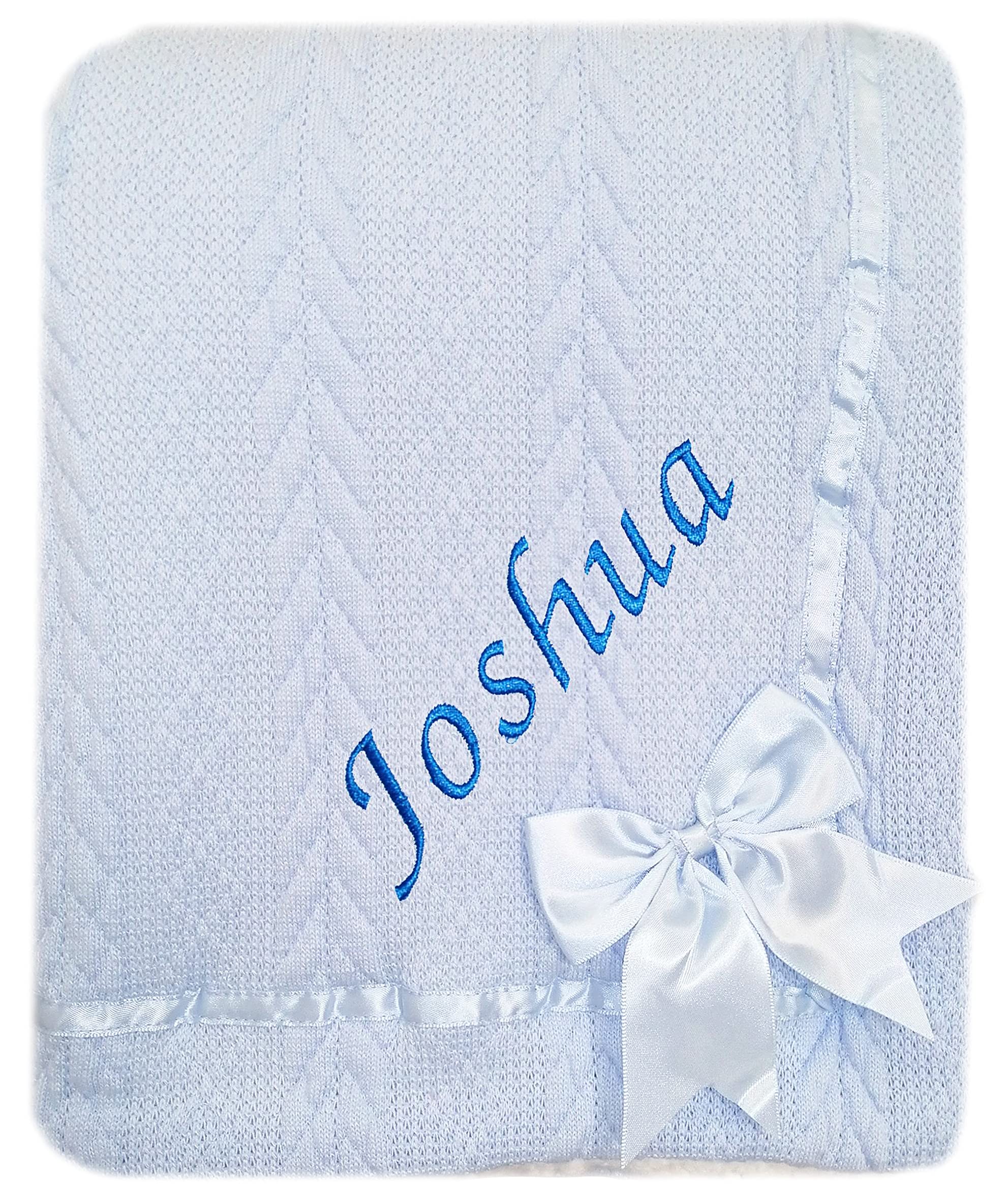 Baby Boy Girl Personalised Knitted Bow Blanket Embroidered Name (Blue)