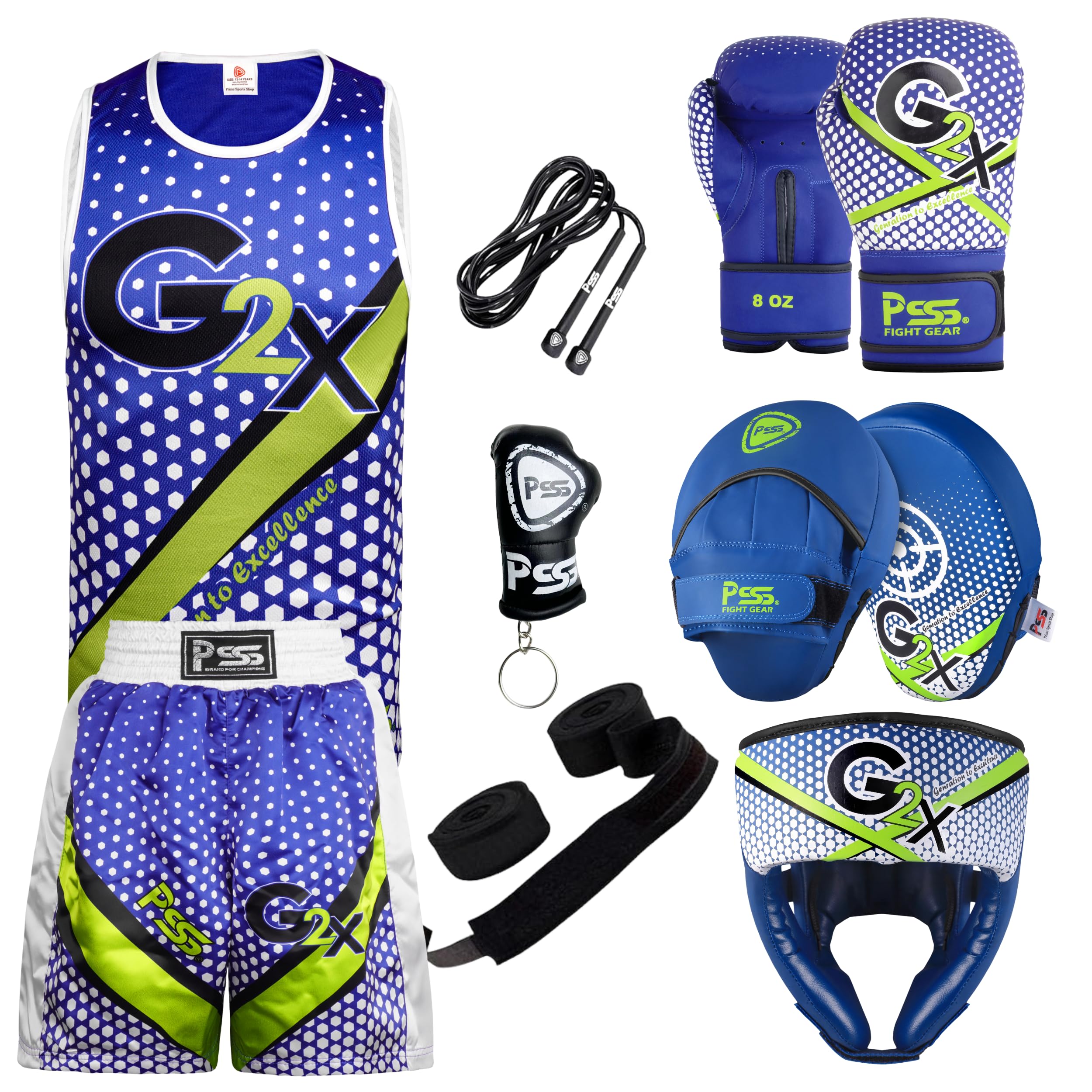 PSS Kids Boxing Set-Boxing Gloves, Uniform, Focus Pad, and Head Guard - Safe, Durable, Lightweight Equipment for Boys/Girls Youth Training, Fitness (Blue, 11-12Year/8oz)