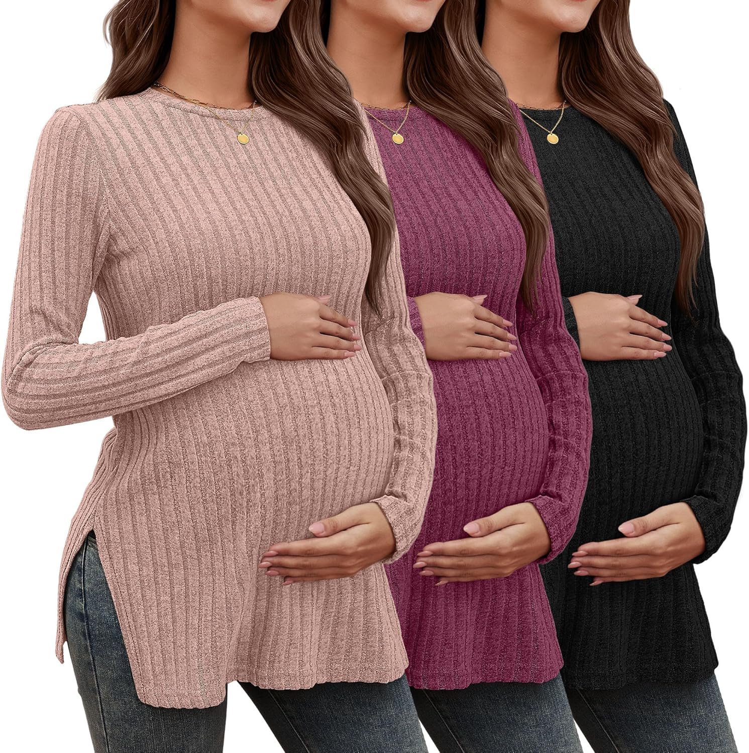 3 Pack Women's Maternity Shirts, Ribbed Long Sleeve Pregnancy Sweaters Knit Split Side Crew Neck Tunic Tees Tops