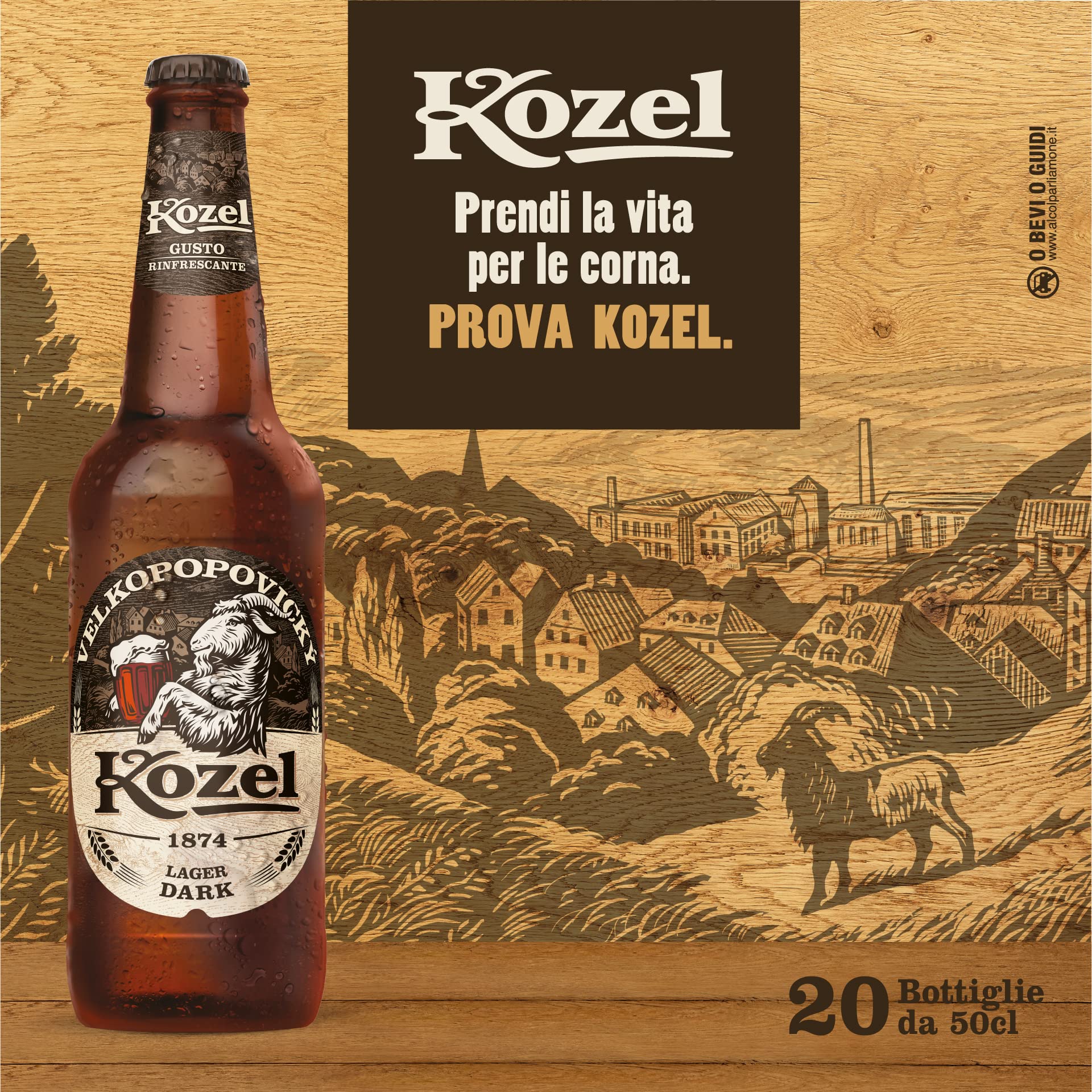 Kozel Birra Lager Dark, Cassa Birra con 20 Birre in Bottiglia da 50 cl, 10 L, Gusto Morbido e Rinfrescante, Gradazione Alcolica 3.5% Vol