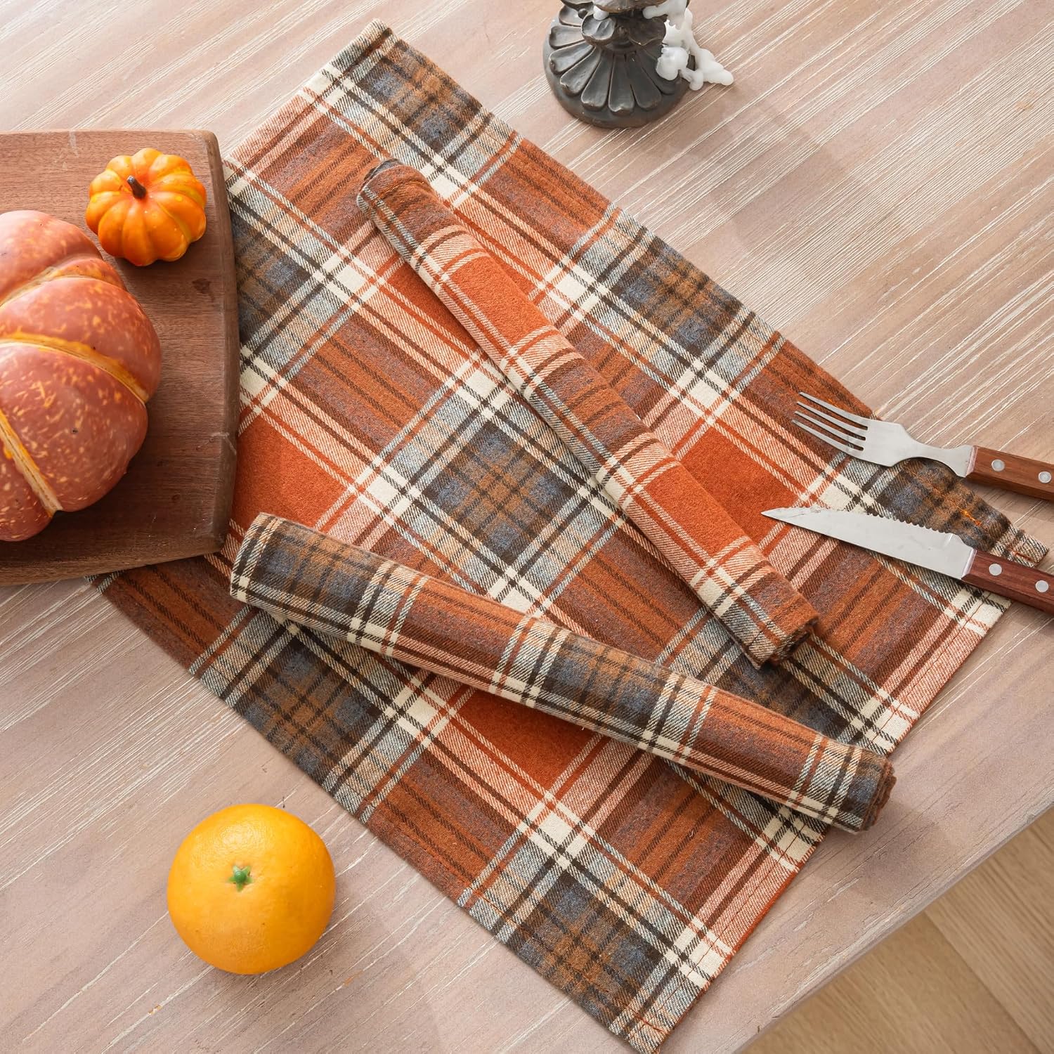 AQOTHES Fall Plaid Placemats Set of 4, Orange Checkered Table Mats 12×18