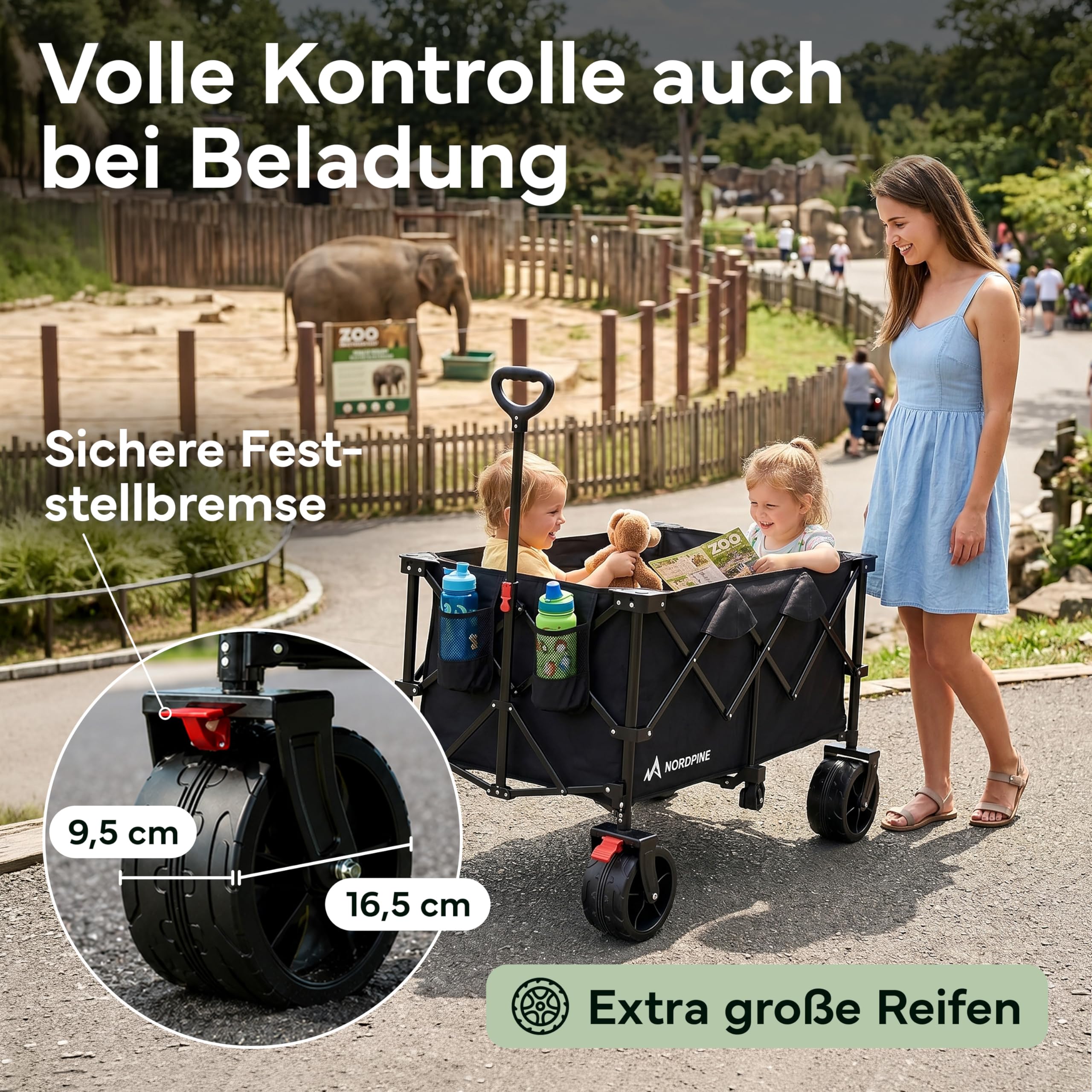 Bollerwagen Faltbar - 200/300 Liter Stauraum für Camping, Festival und Familie - Bis 200 kg Traglast - Extra breite Gummireifen mit Bremse - Klappbar in Sekunden (200 l | Bollerwagen)