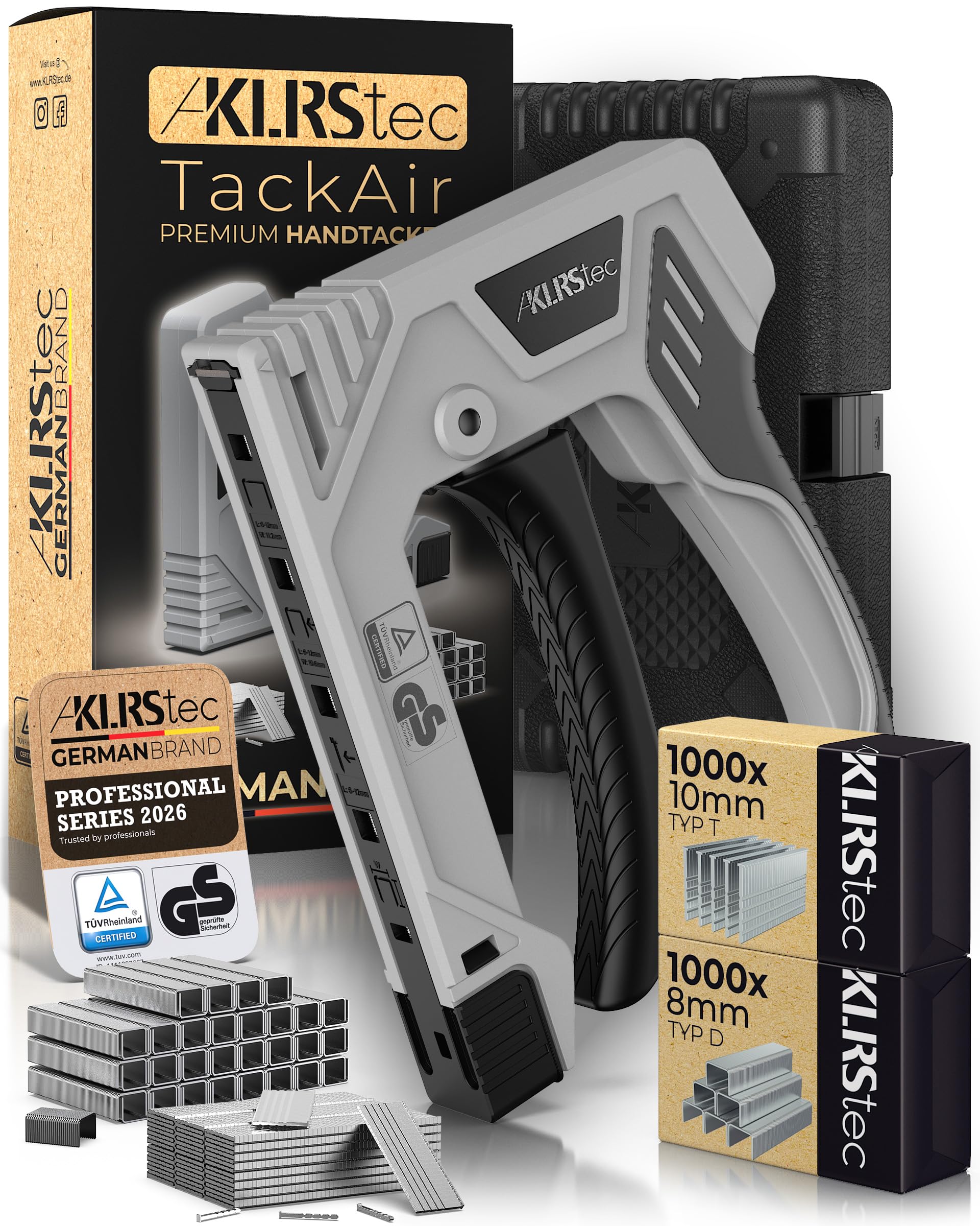 KLRStec TackAir Grapadora Manual – Pistola de Grapas con Gatillo por Tracción – Grapadora para Madera y Tapicería – Incluye 2000 Grapas Tipo D & T – Herramienta Ergonómica y Potente