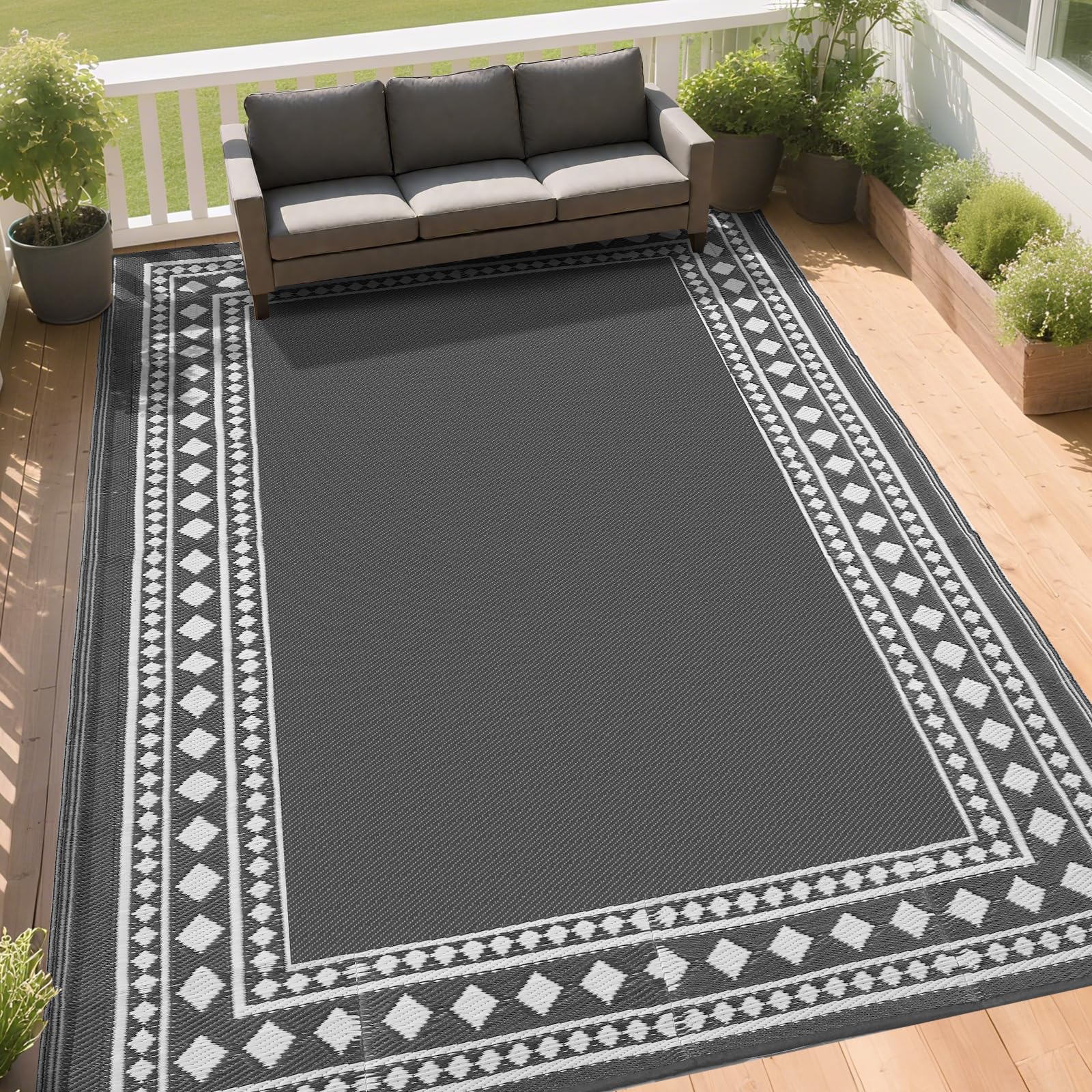 RURALITY Dywaniki zewnętrzne 20 x 25 cm, wodoodporne na patio, plastikowe maty słomkowe na podwórko, werandę, taras, balkon, szary i biały
