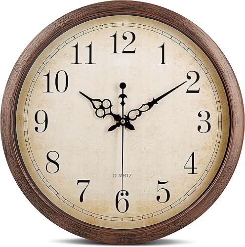 Bernhard Products Reloj de pared marrón vintage, silencioso, sin tictac, de 16 pulgadas, extra grande, de cuarzo, funciona con pilas, redondo,