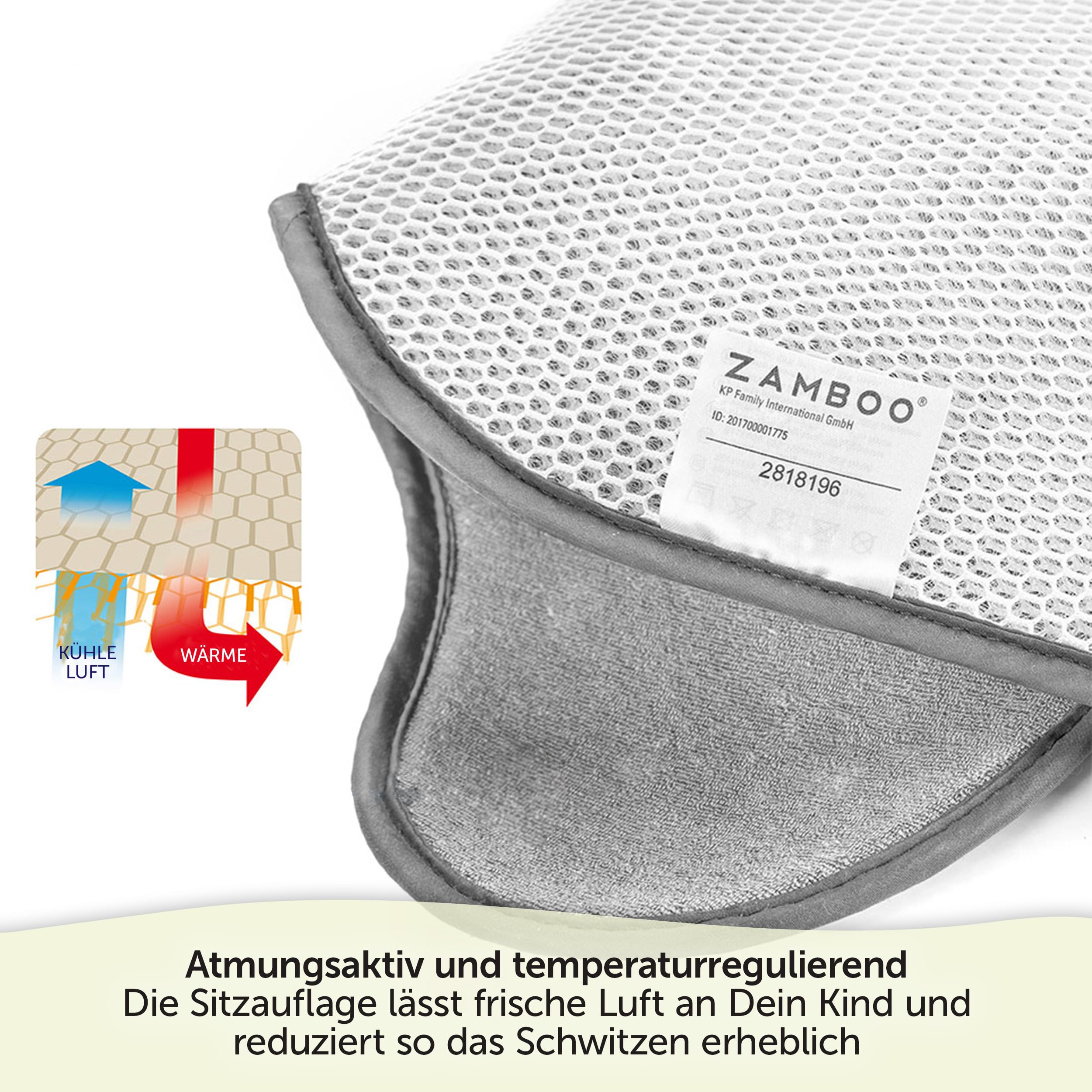 Zamboo Komfort Sitzauflage für Babyschale & Reboarder (passend für Maxi-Cosi, Cybex, Römer) - Atmungsaktive Sommer Sitzeinlage gegen Schwitzen, schont den Kindersitz Bezug - Grau