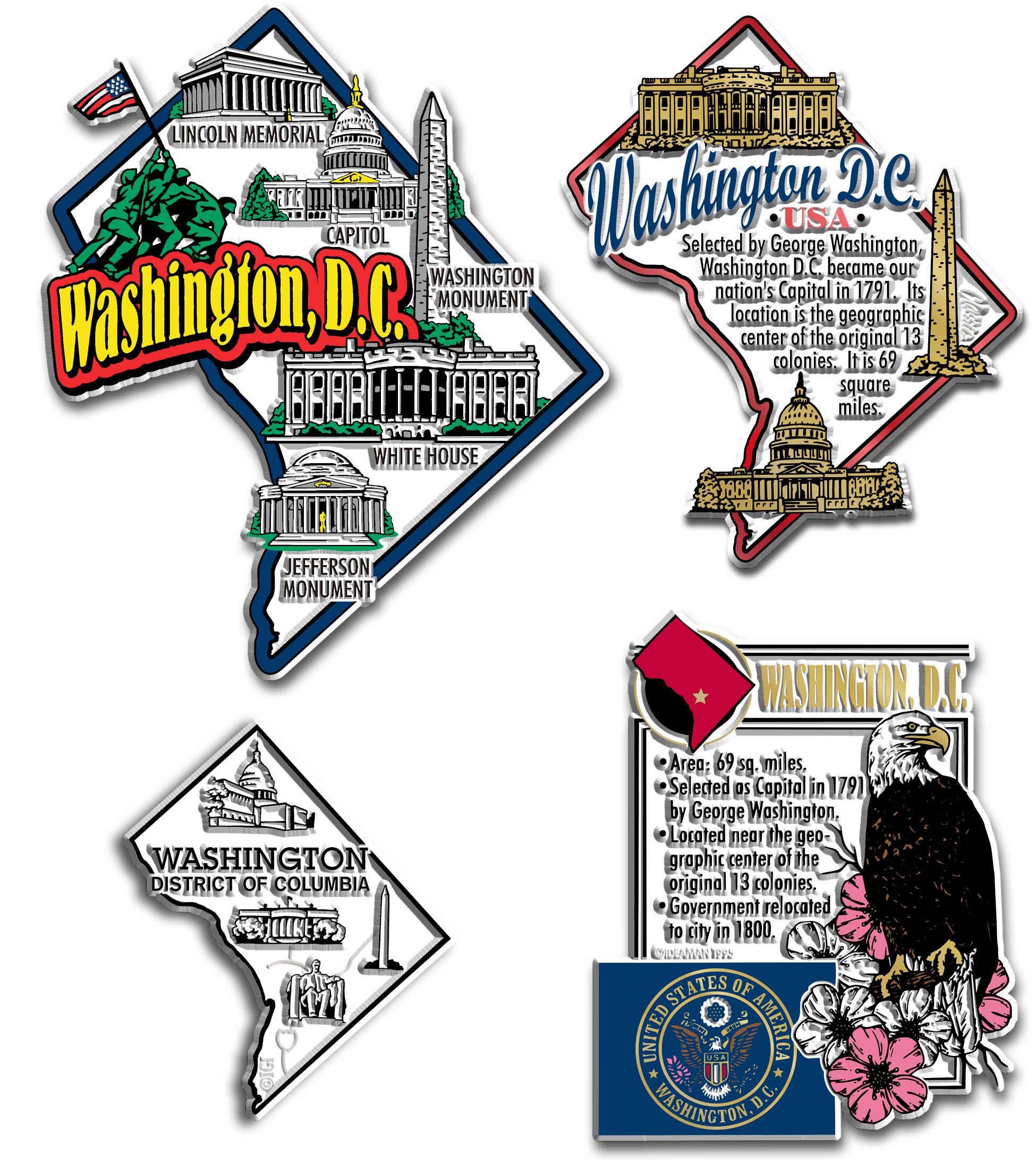 Washington, D.C. Four-Piece Magnet Set by Classic Magnets, Includes 4 Unique Designs, Collectible Souvenirs Made in The USA
