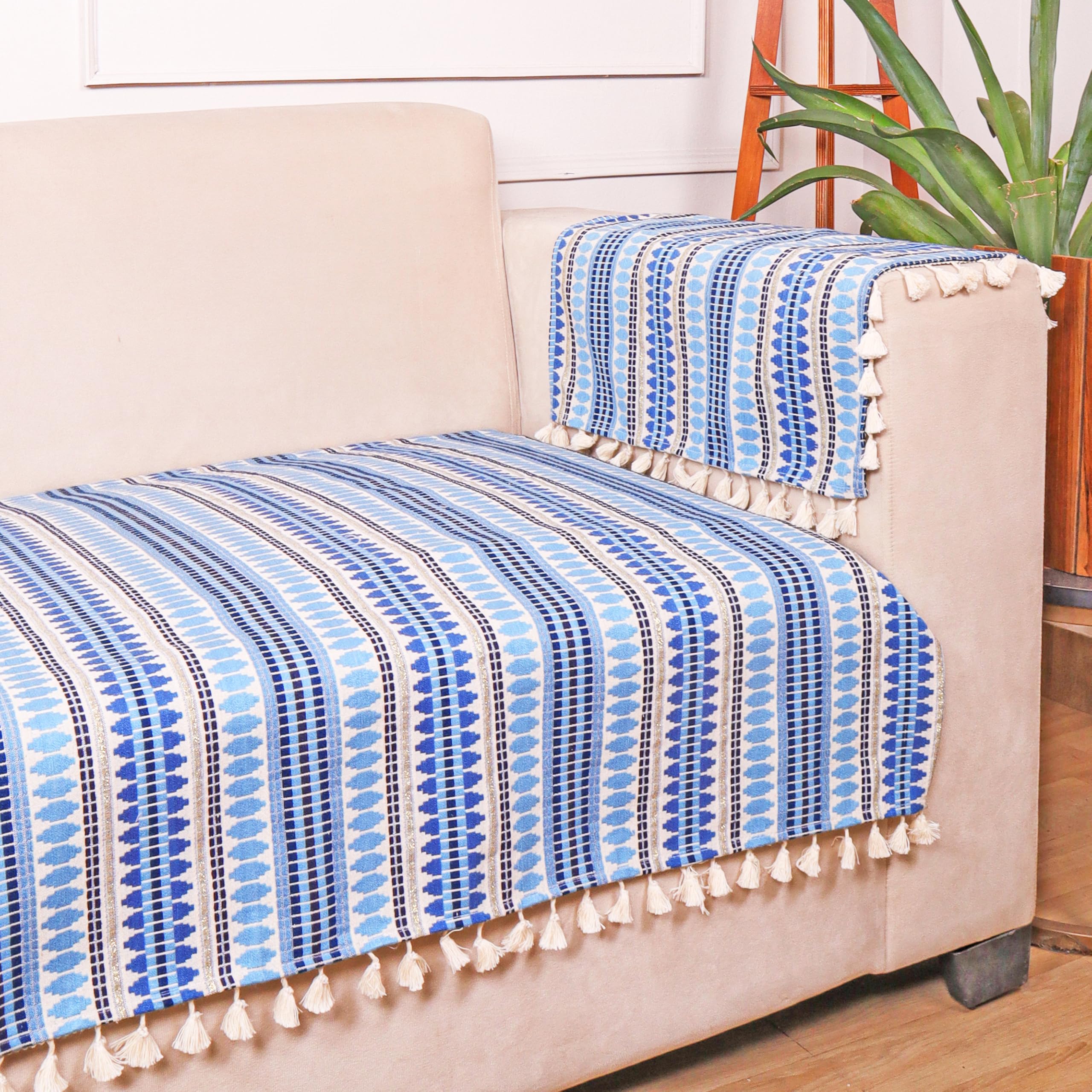 STITCHNEST Woven 1 Seater Sofa Protector with 2 Hand Rest Covers – Blue & White Stripe Design – Washable Fabric with Tassels – Stylish Sofa Cover for Modern Living Room & Furniture Décor