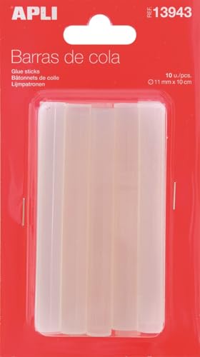 APLI 13943 - Pack de 10 barras para pistola de cola, 11 mm x 10 cm, color transparente