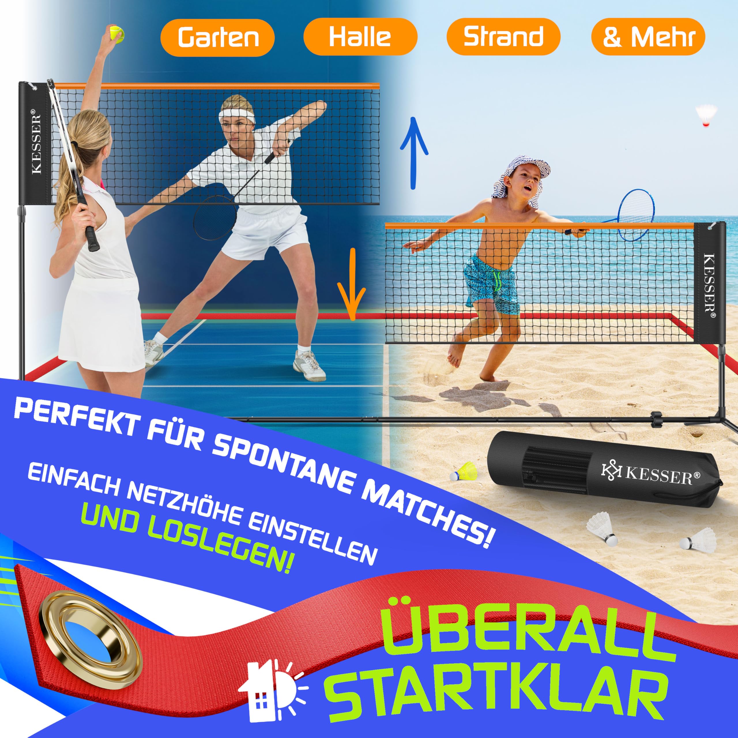 KESSER® Badmintonnetz Tennisnetz | Federballnetz 3-Fach-Höhenverstellbar 107/120/155cm, Set bestehend aus Netz, 3X Federball & 3X Tennisball, Transporttasche, stabilem Eisen-Gestell, Indoor & Outdoor