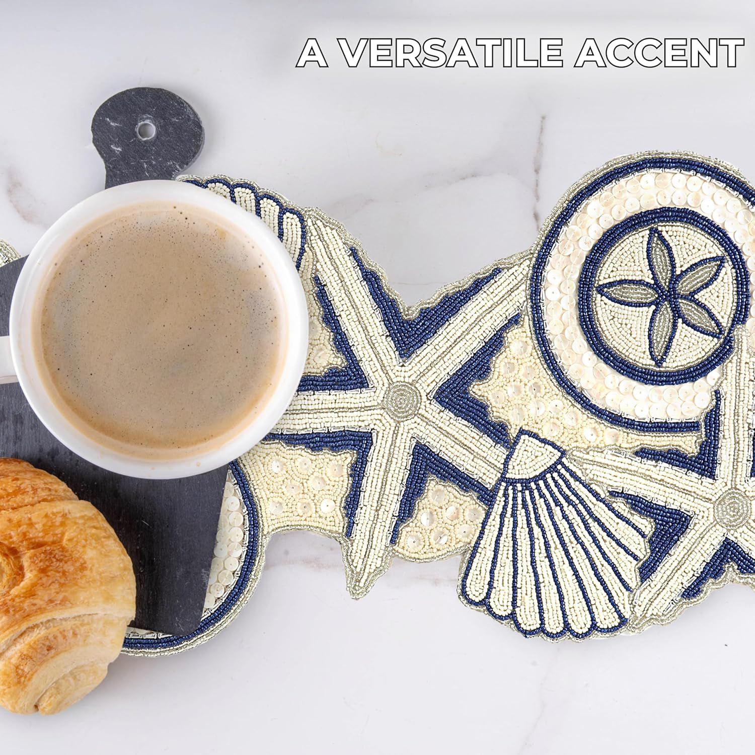 Handmade Beaded Table Runner - Glass Beads & Polyester Runner for Coffee & Dining Table, Elegant Star Pattern Decor for Home, Wedding, Holiday, Coastal or Boho Theme (Blue White) - ALPHA Living HOME