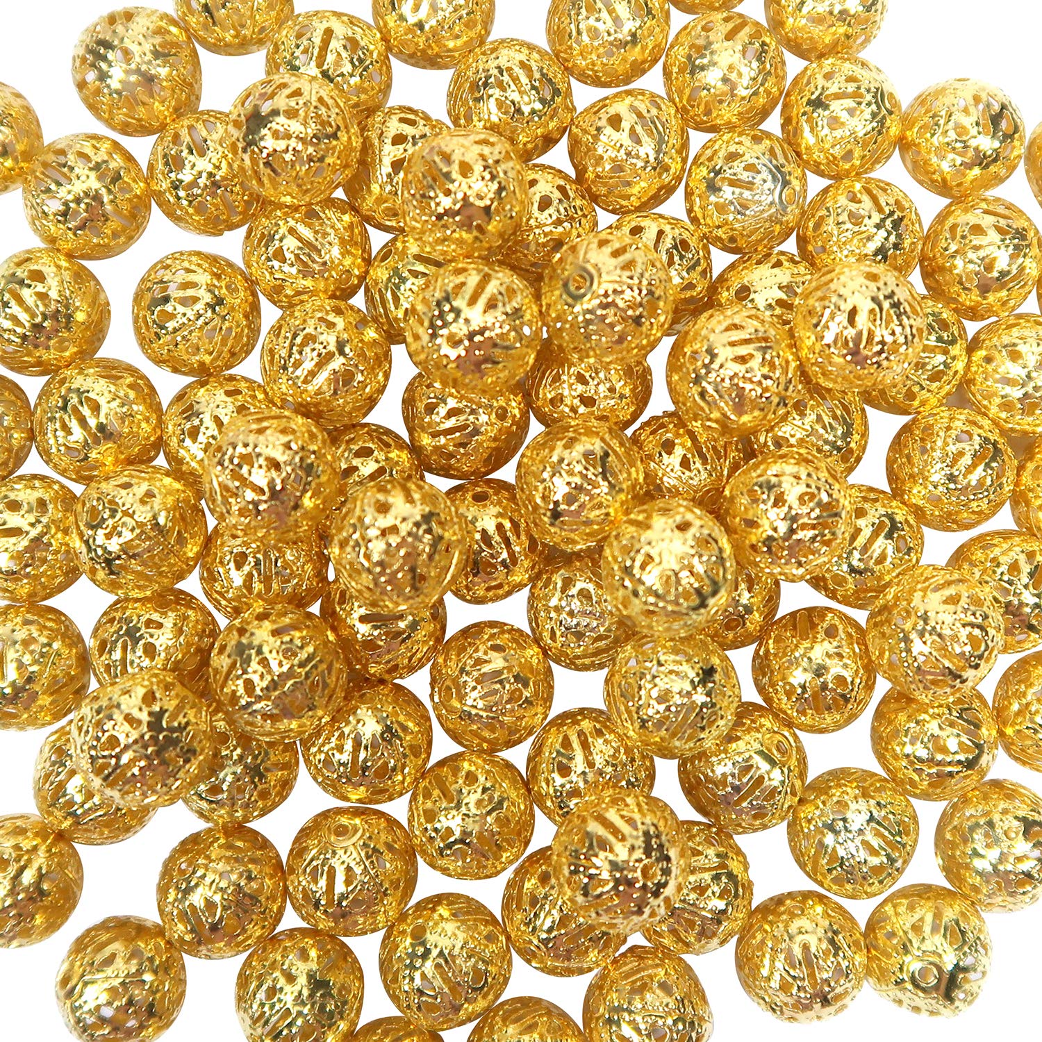 TOAOB 100pcs 10mm Gold Plated Filigree Hollow Ball Beads Round Metal Loose Spacer Beads for DIY Crafts Bracelets Necklaces Earrings Jewelry Making