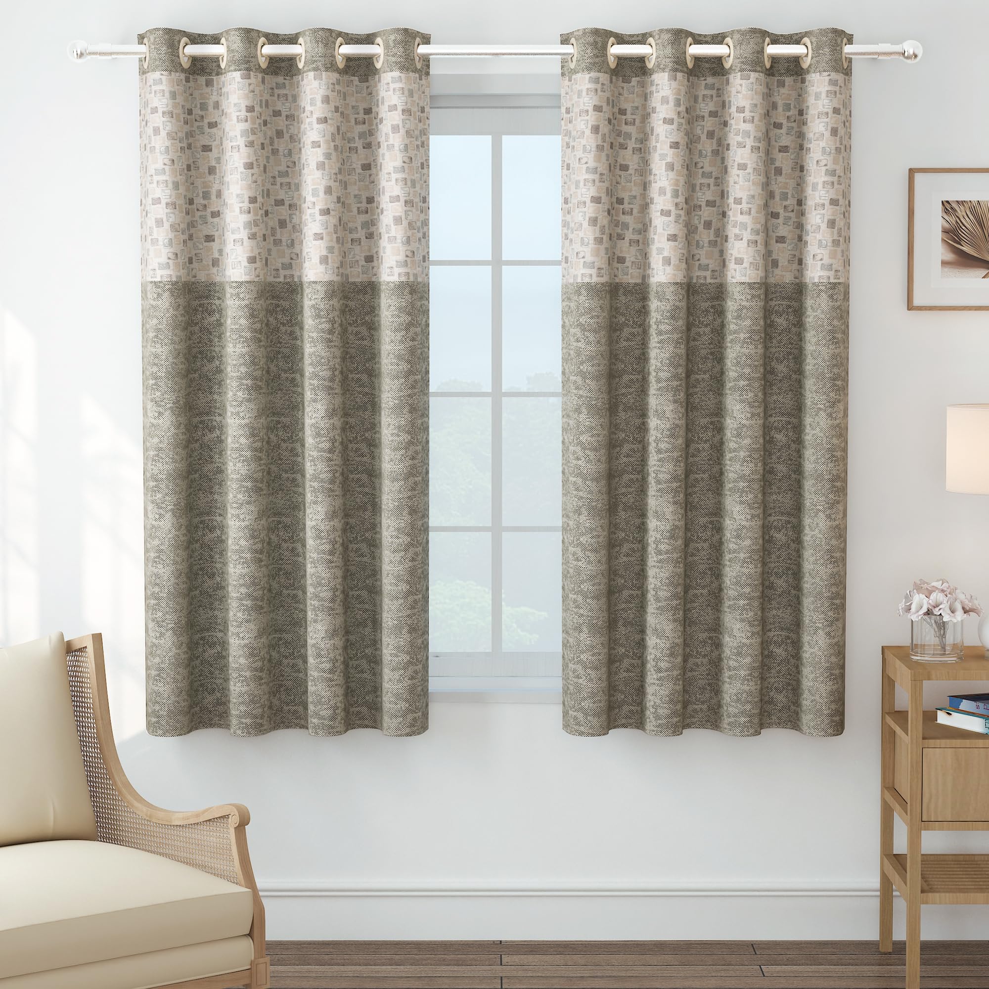 MollisHomesWindow Curtains 5 Feet Long Pack of 2 | Geometric Printed | Medium Room Darkening Curtain | Curtains for Living Room | (118 x 152 cm, Beige) | Perfect for Home Décor