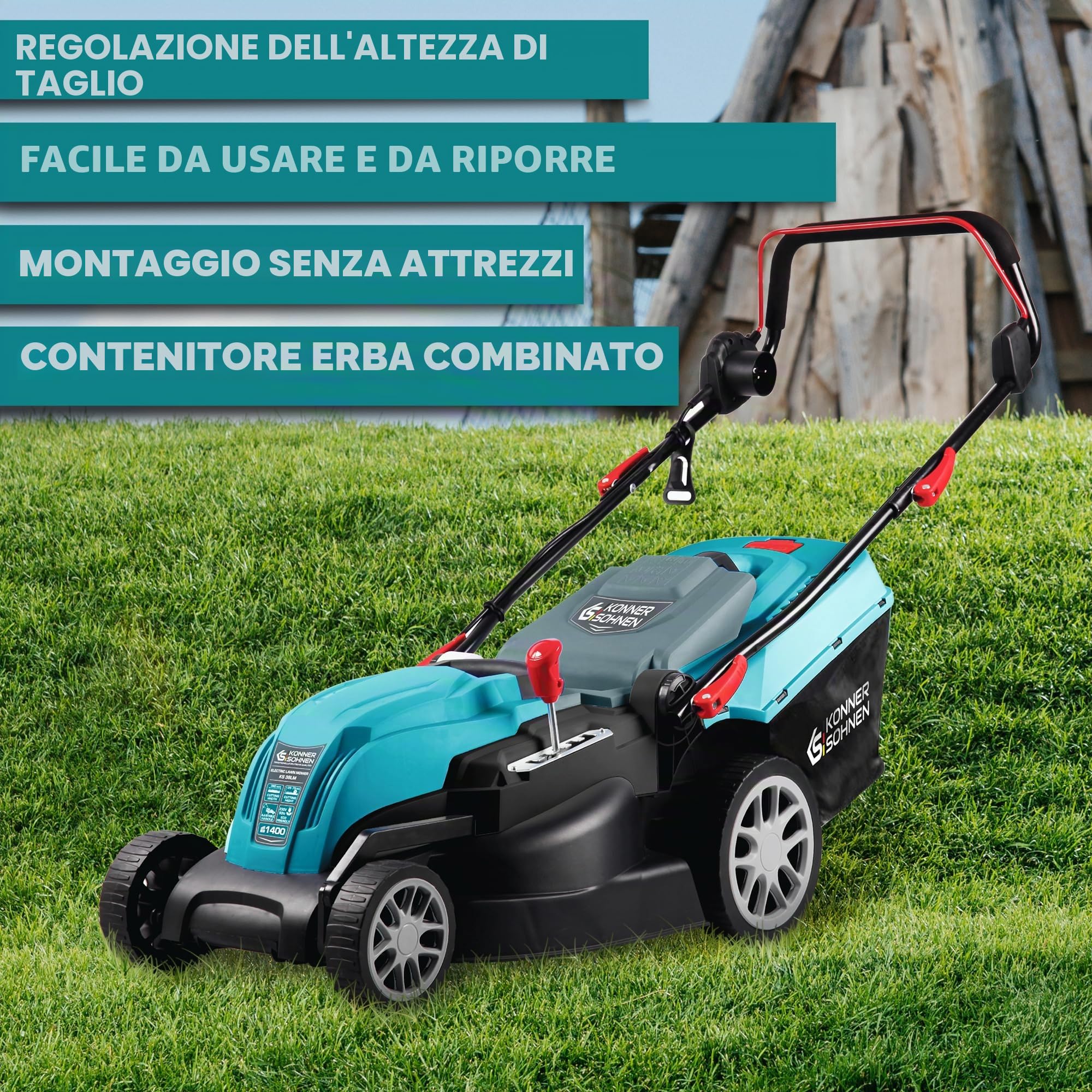 K&S Könner&Söhnen Tosaerba elettrico KS 38LM, potenza 1400 W, velocità a vuoto 3250 giri/min, larghezza di taglio 380 mm, altezza di taglio 25-75 mm, 5 posizioni, scatola raccolta erba 40 l