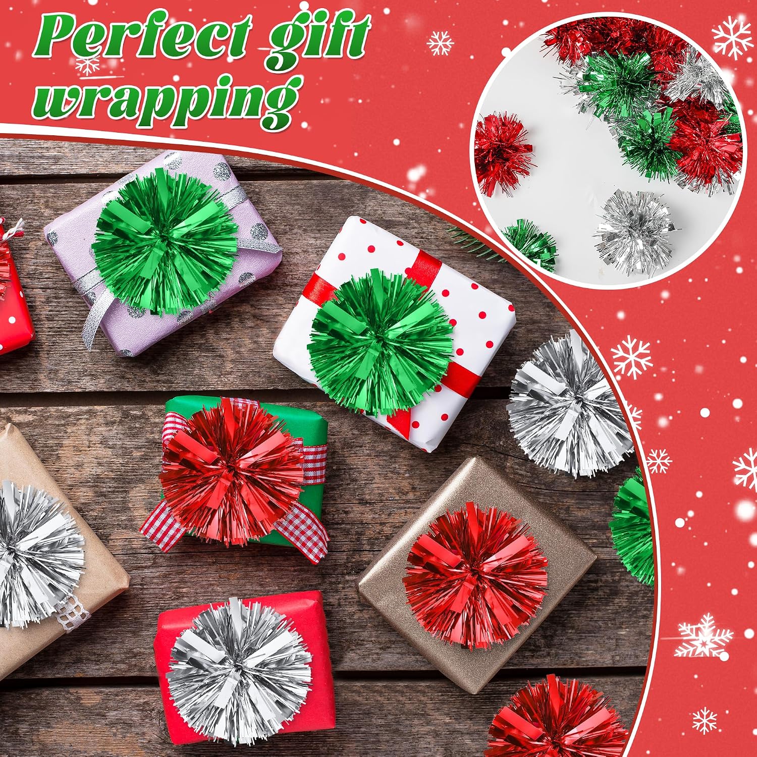 48PCS Christmas Tinsel Bows for Gift Wrapping, 4 Inch Self Adhesive Christmas Gift Wrap Tinsel Bows for Xmas Party Birthday Wedding New Year Presents Wrapping Decorations(Red&Green&Silver)