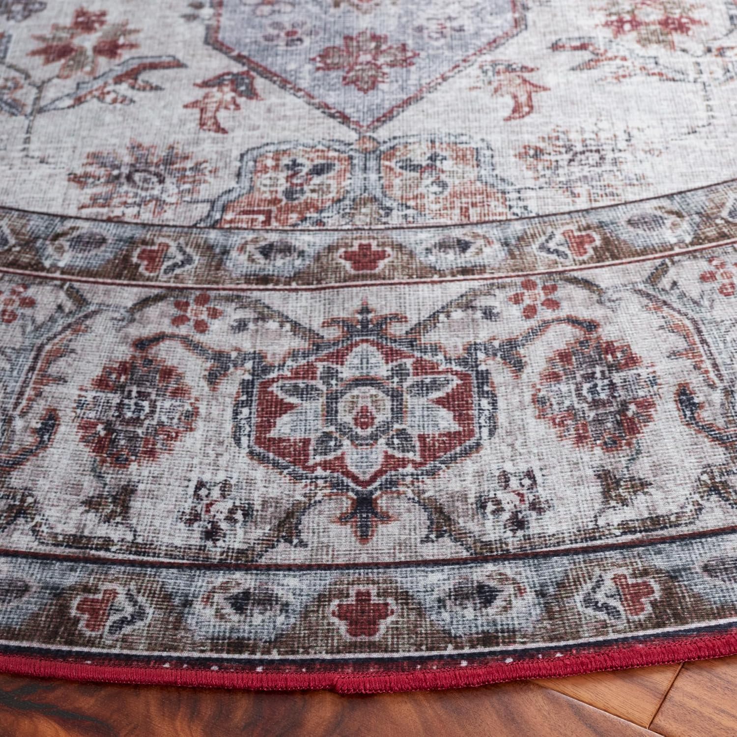 SAFAVIEH Washable Rug Tucson Collection - 3' Round, Beige Green & Rust, Slip Resistant & Easy to Clean, Ideal for Foyer, Entryway, Kitchen, Bedroom (TSN105C)