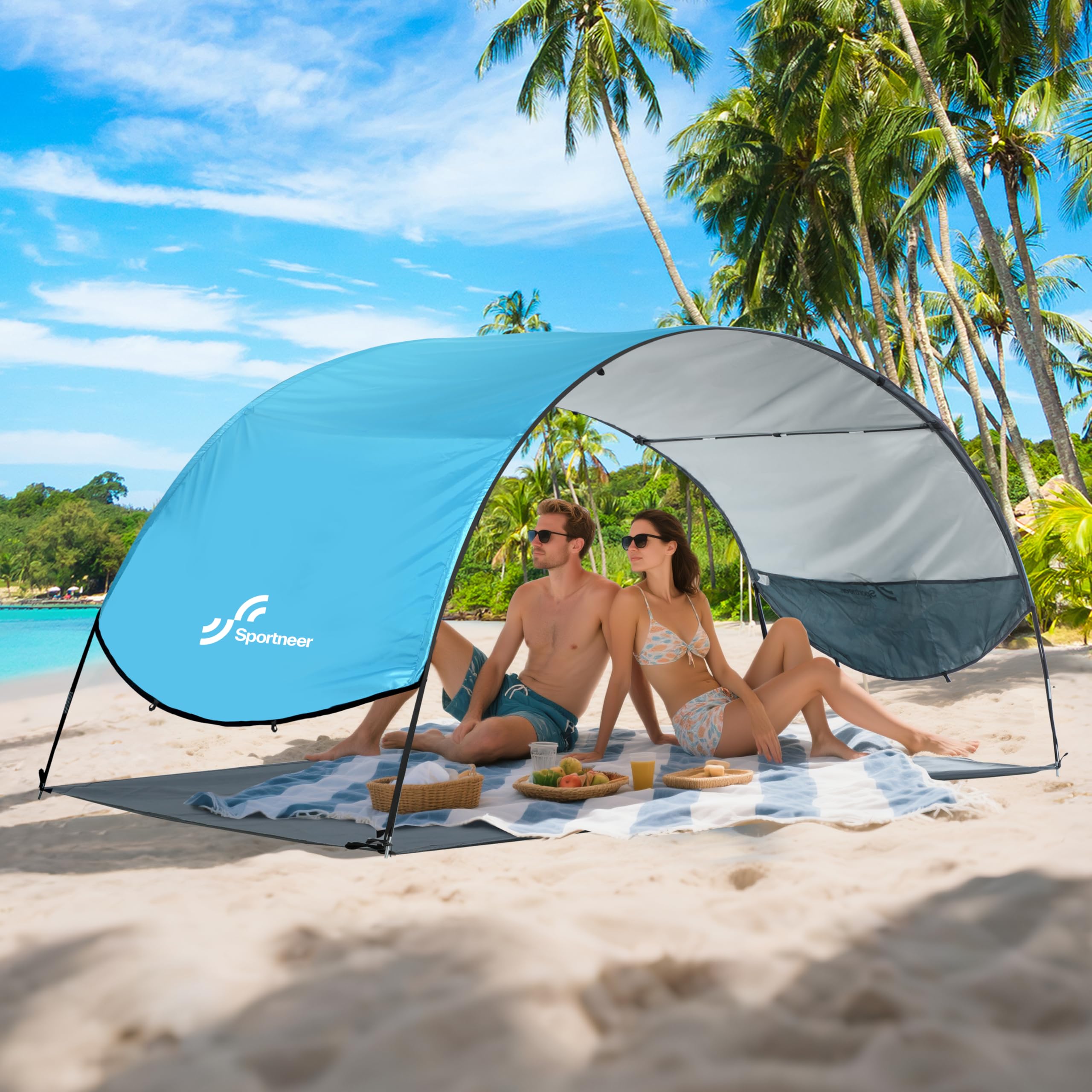 Sportneer Beach Tent Sun Shelter: UPF 50+ UV Protection Beach Canopy Tent Sun Shade for 2-3 Person, Easy Set Up Canopy with 8 Wind Ropes and 12 Ground
