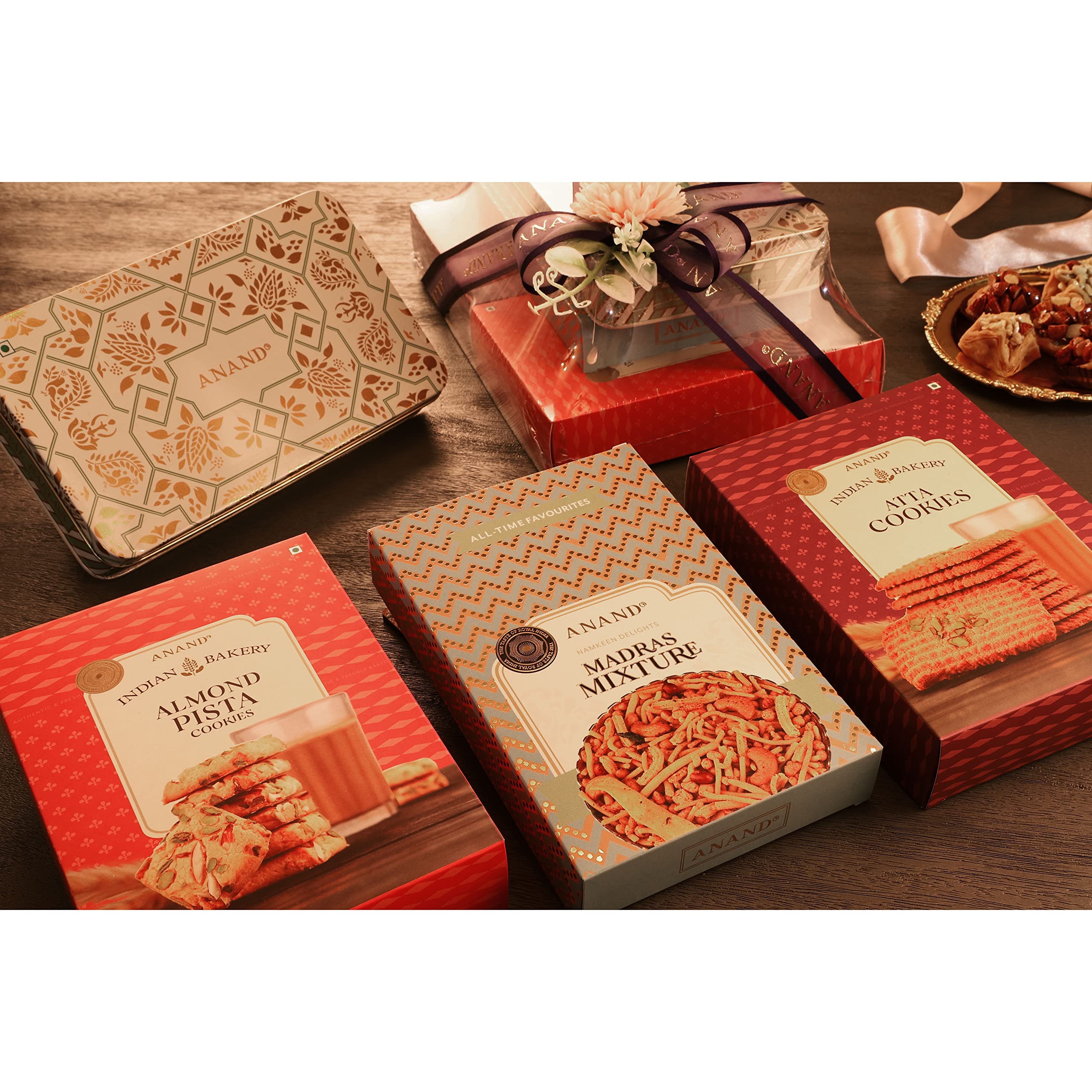 ANAND Firdous Festive Gift Hamper of Pure Ghee Sweets, Namkeens & Cookies | Bakalava Square Tin 450g, Madras Mixture 200g, Almond Pista Cookies 250g, Atta Cookies 250g | (1150g) (Gift Hamper) (B0B1Q41C6X) Amazon Price History, Amazon Price Tracker