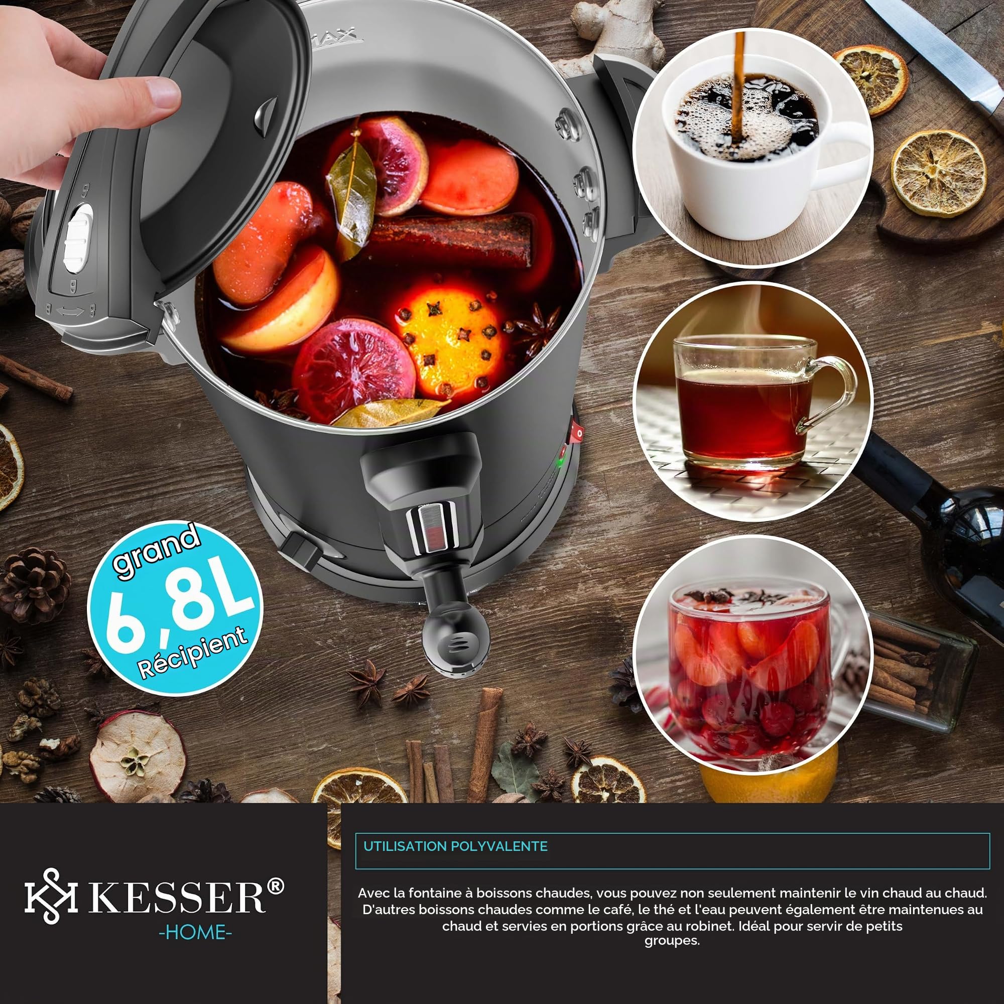 KESSER bouilloire à vin chaud 6,8 l en acier inoxydable avec 10 tasses bouilloire à vin chaud avec thermostat distributeur d'eau chaude distributeur d'eau chaude indicateur de niveau robinet robinet