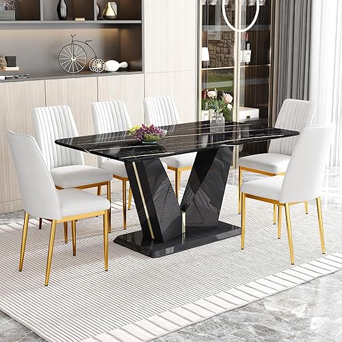 Miniatura 11 de Juego de mesa de comedor de mármol para 6, 7 piezas, juego de mesa de comedor rectangular moderna de 63 pulgadas para 6, juego de comedor de 6 Mesa