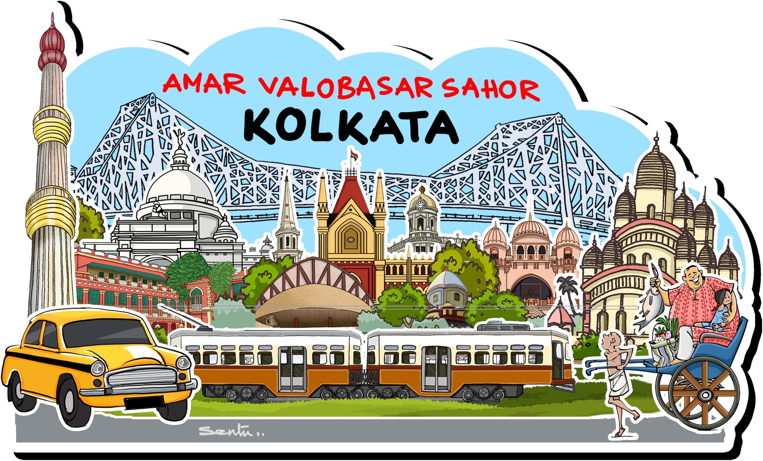 Sentoor Kartoon Kolkata Souvenir Wooden Fridge Magnets Refridgerator Stylish for Gift Home Kitchen and Office Decoration Multicolour Set of 1