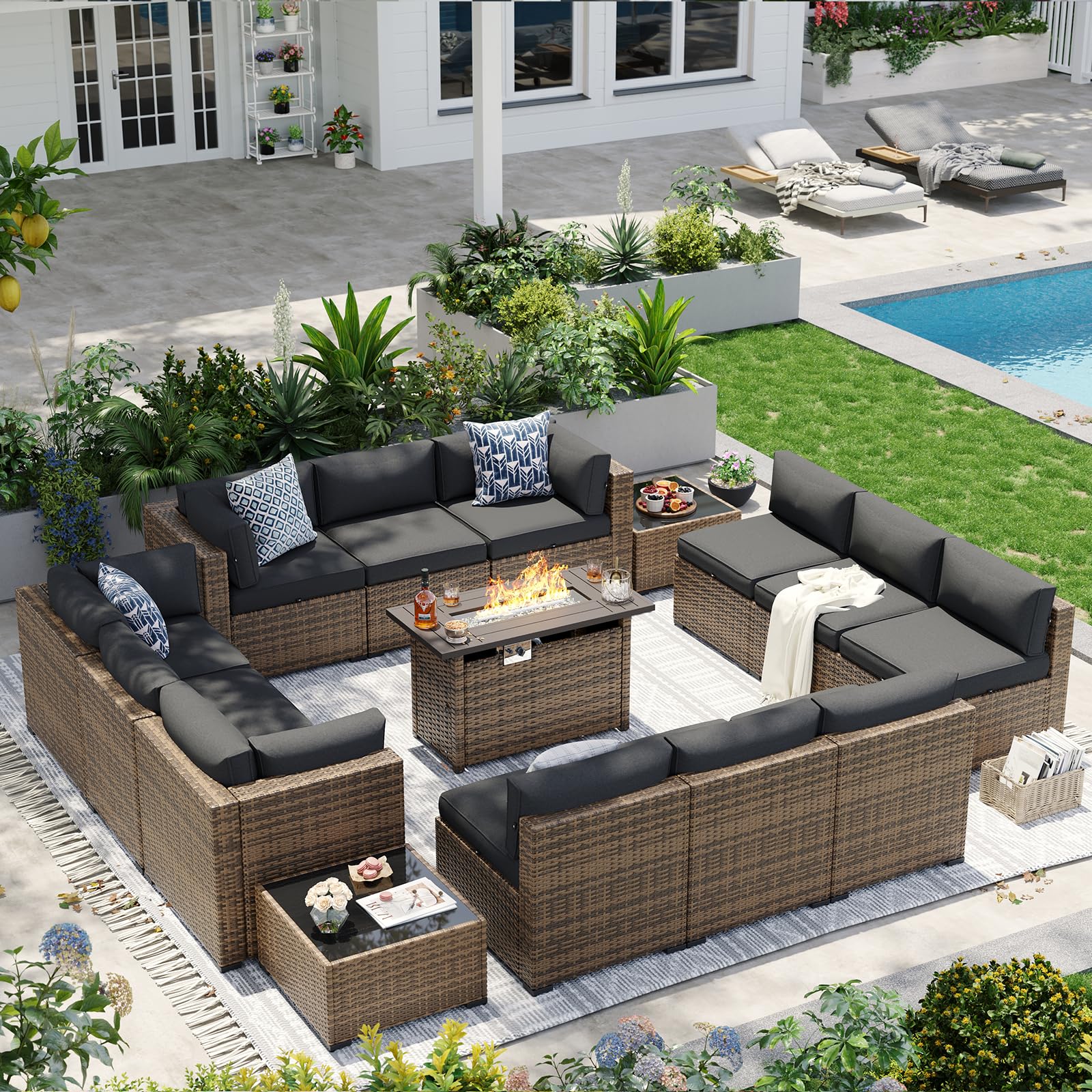 Aoxun 15-Piece Outdoor Patio Furniture Set with Firepit Table