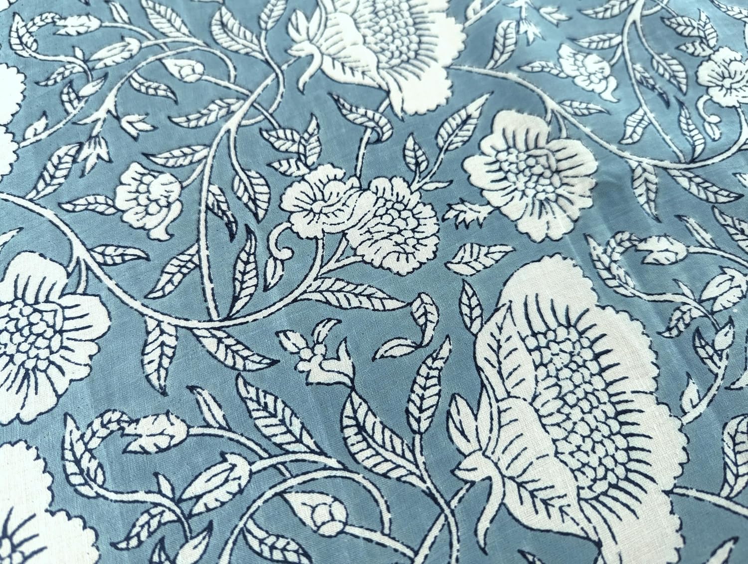 AVKA Studio Hand Block Print Fabric by The Yard - PRECUT 3 Yards 42 Inch Width - 100% Cotton Material - Greyish Blue Floral Pattern - Light Weight Indian Cloth for Making Summer Dress Tops Projects