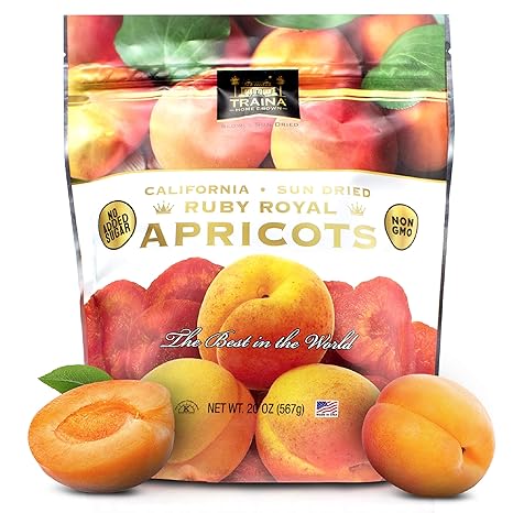 Traina Home Grown California Sun Dried Ruby Royal Apricots - Healthy, No Sugar Added, Non GMO, Gluten Free, Kosher Certified, Vegan, Value Size (20 oz)