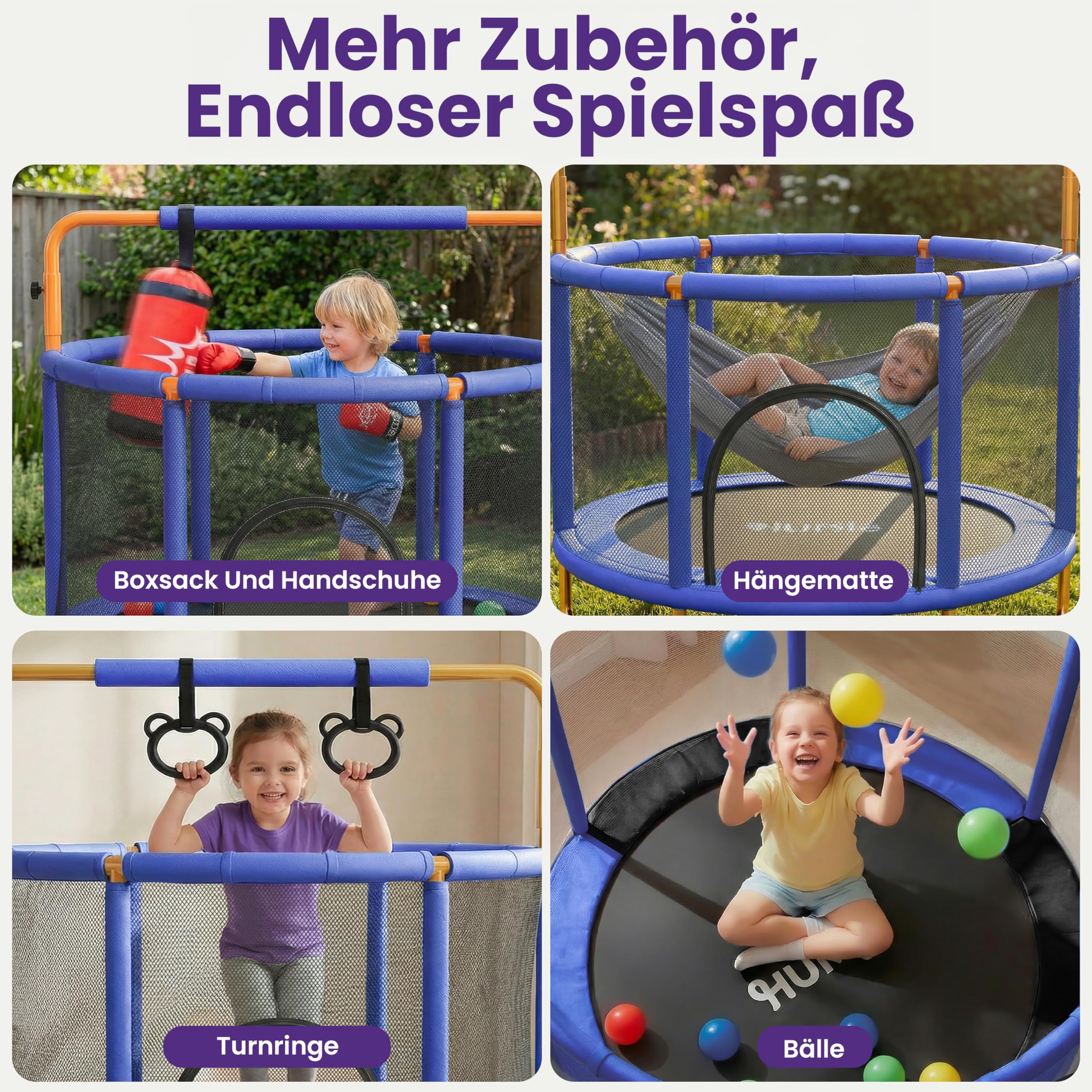 Hurtle Kindertrampolin - 140 cm mit Sicherheitsnetz – Trampolin Kinder Indoor Outdoor mit Haltestange, Schaukel, Ringe, Boxsack und Bällen bis 200 kg belastbar - 5
