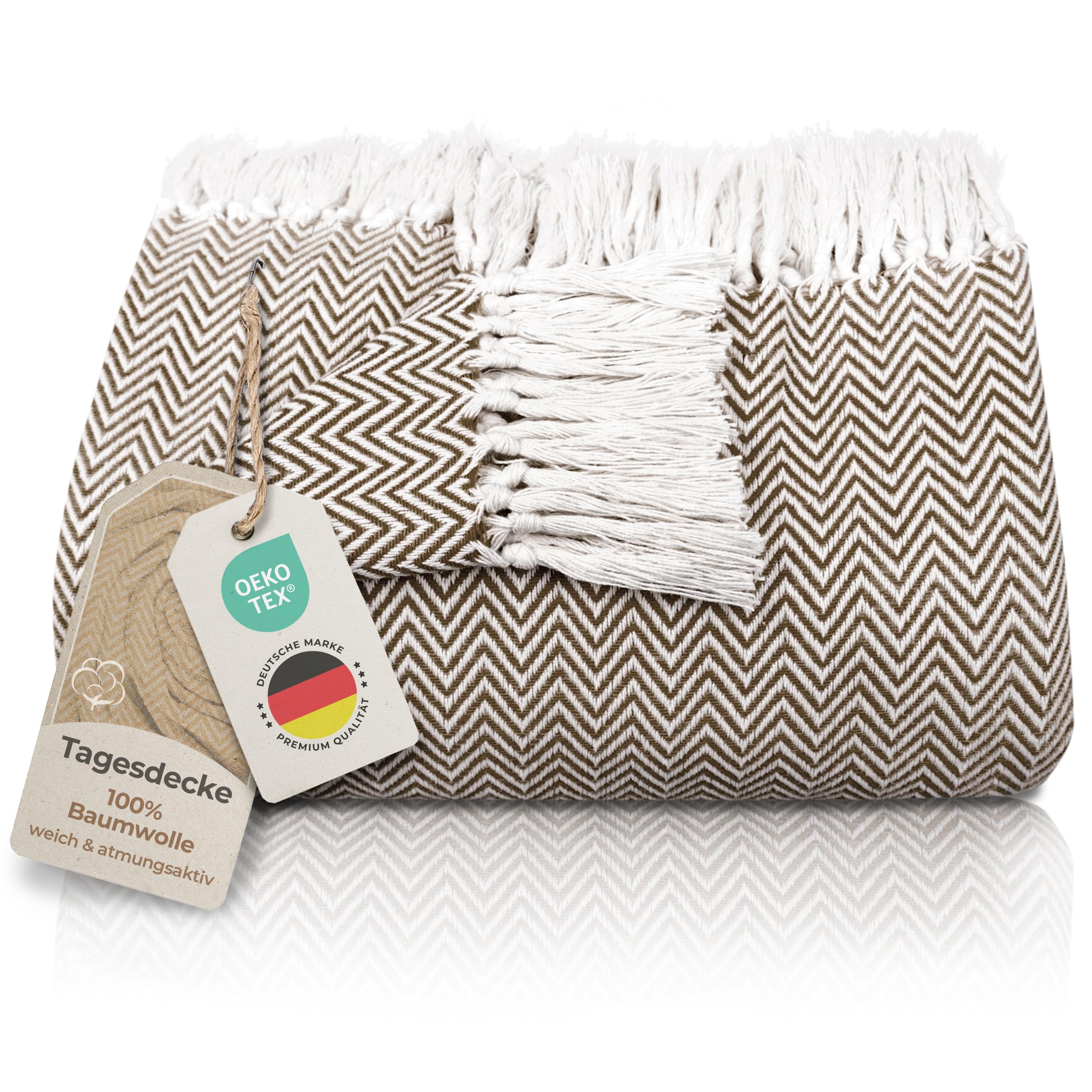 Gräfenstayn Narzuta klasy premium z frędzlami, 100% bawełna, wzór w jodełkę, koc letni, bawełniany koc na łóżko, na kanapę, na sofę, 150 x 200 cm, brązowa
