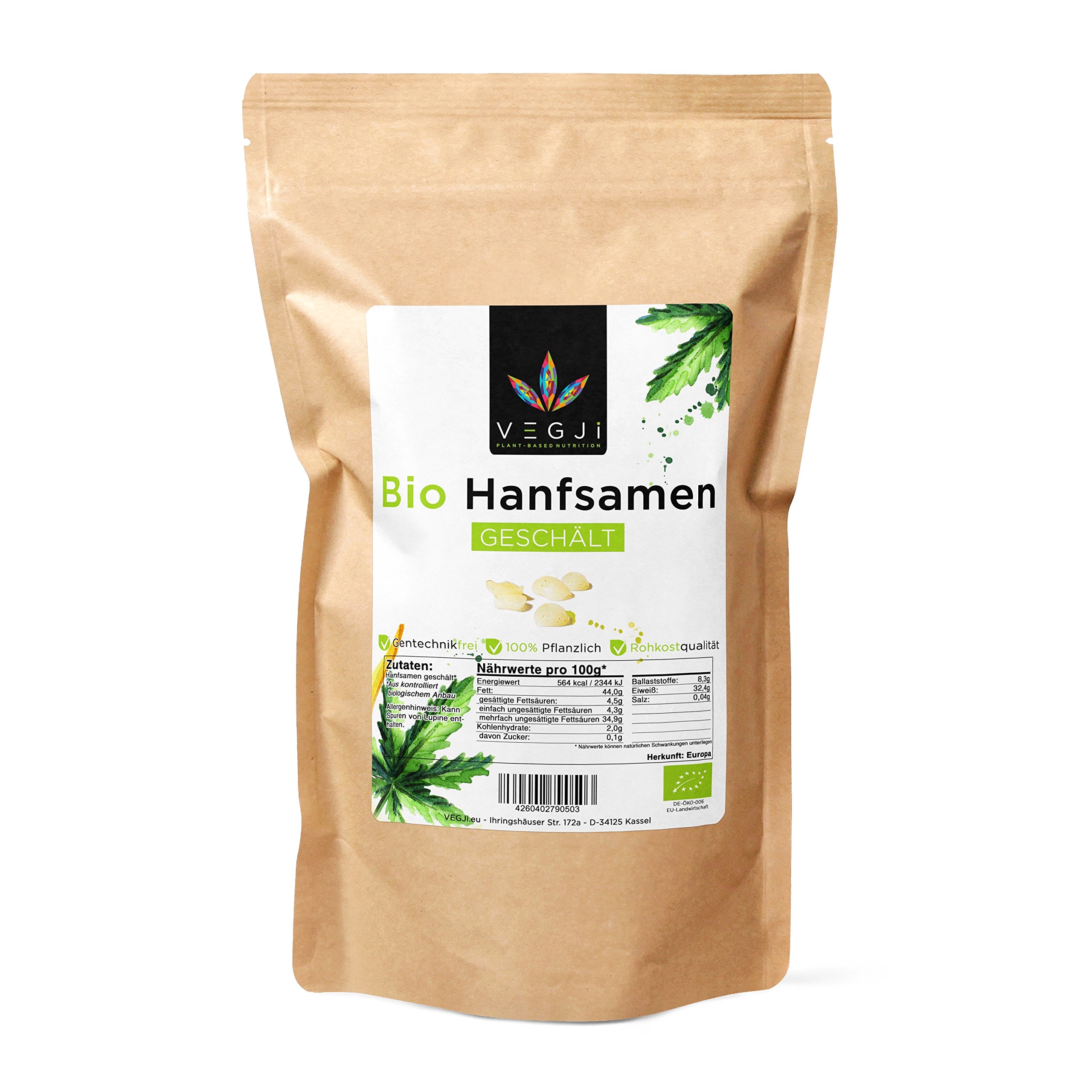 Bio Hanfsamen geschält 1000g aus Europa, reich an Omega-3-6-9 Fettsäuren, 32% Eiweiß, Rohkostqualität, Glutenfrei