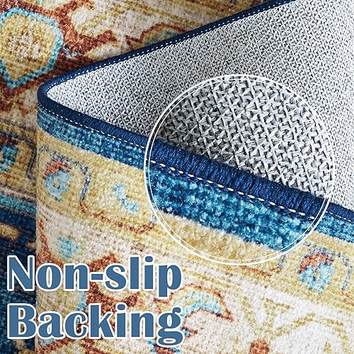 Miniatura 3 de jinchan Alfombra de área lavable de 8 x 10 pies, alfombra azul floral, delgada, vintage, retro, antideslizante, para interiores, cocina, sala de