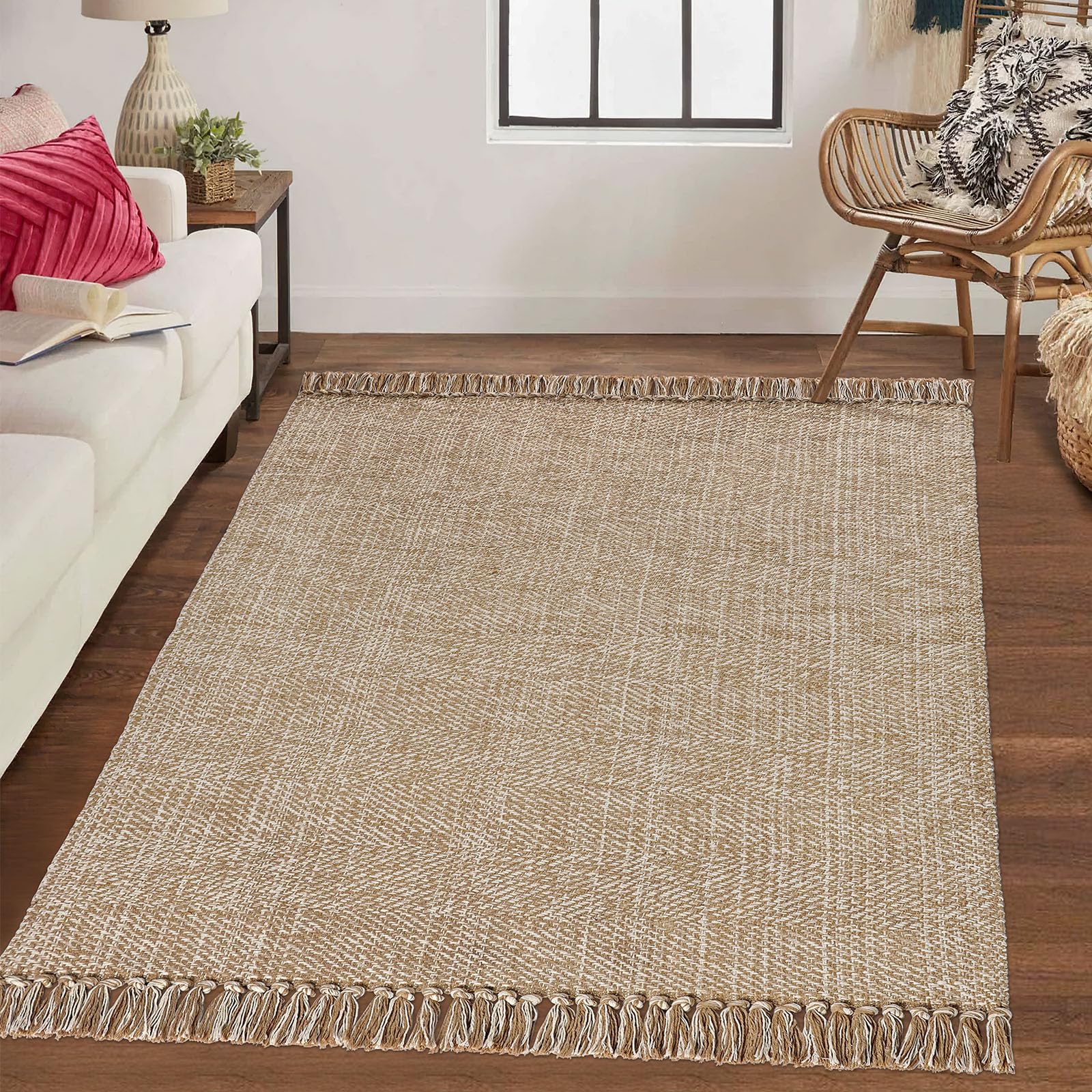 BUAGETUP Tapis bohème lavable en coton tissé à la main – Tapis rustique lavable pour chambre à coucher, salle de bain, évier, chambre à coucher – 91 x 152 cm – kaki