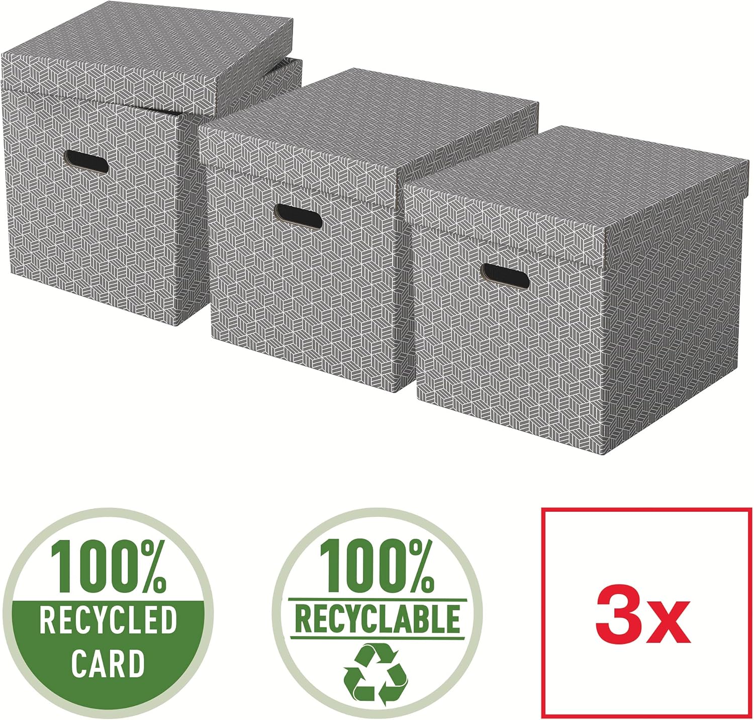 Esselte Large Storage Cubic Box With Lid, Pack Of 3, Suitable For Home/Office Storage & Organisation, 100% Recycled Cardboard, 100% Recyclable, Geometric Design, Grey, 628289