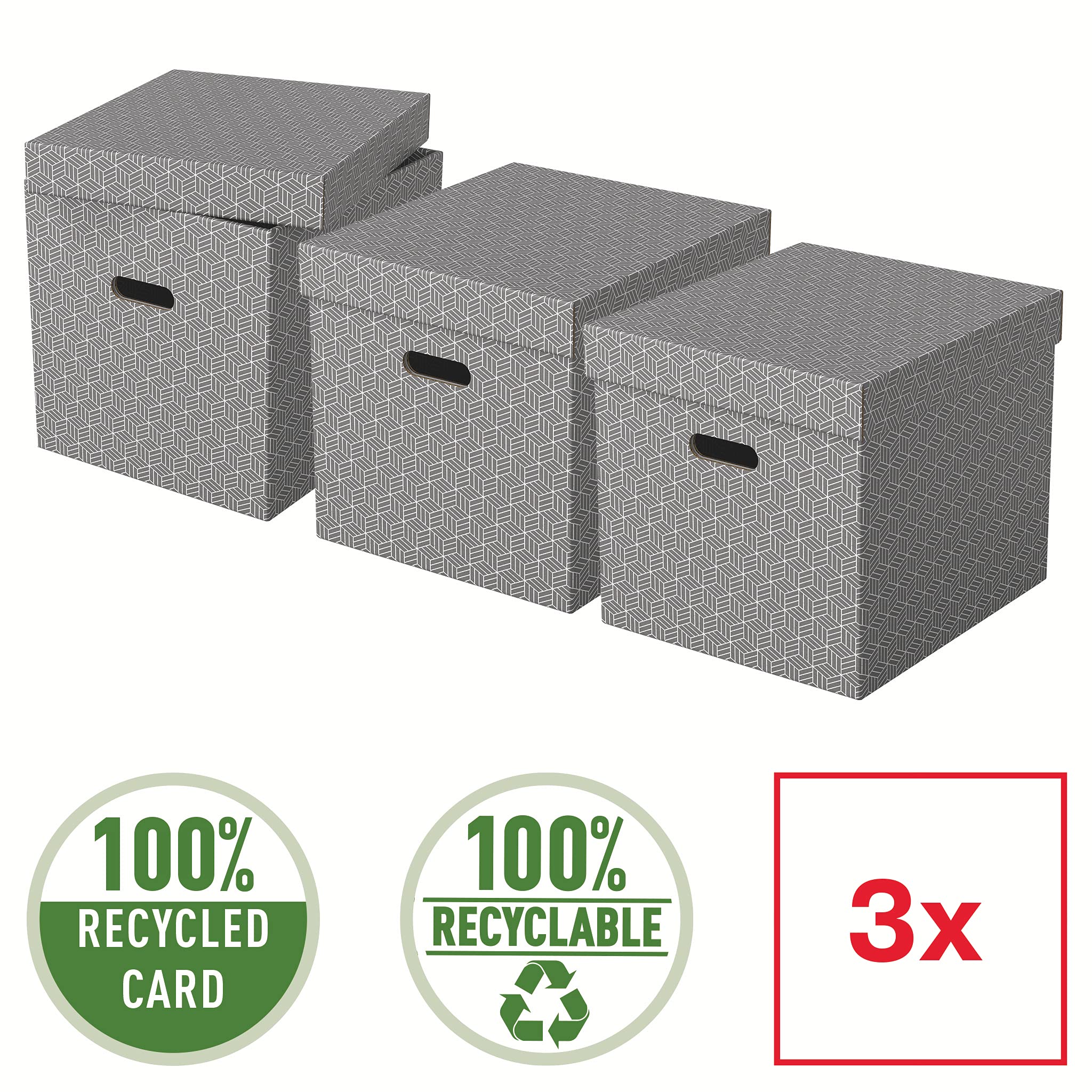 Esselte Large Storage Cubic Box With Lid, Pack Of 3, Suitable For Home/Office Storage & Organisation, 100% Recycled Cardboard, 100% Recyclable, Geometric Design, Grey, 628289